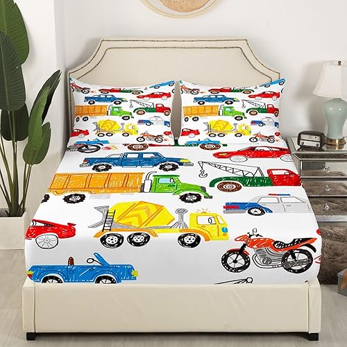 Miniatura 3 de Juego de sábanas de camión de dibujos animados para niños, juego de sábanas de tractor para niños y niñas, decoración de vehículos de construcción,