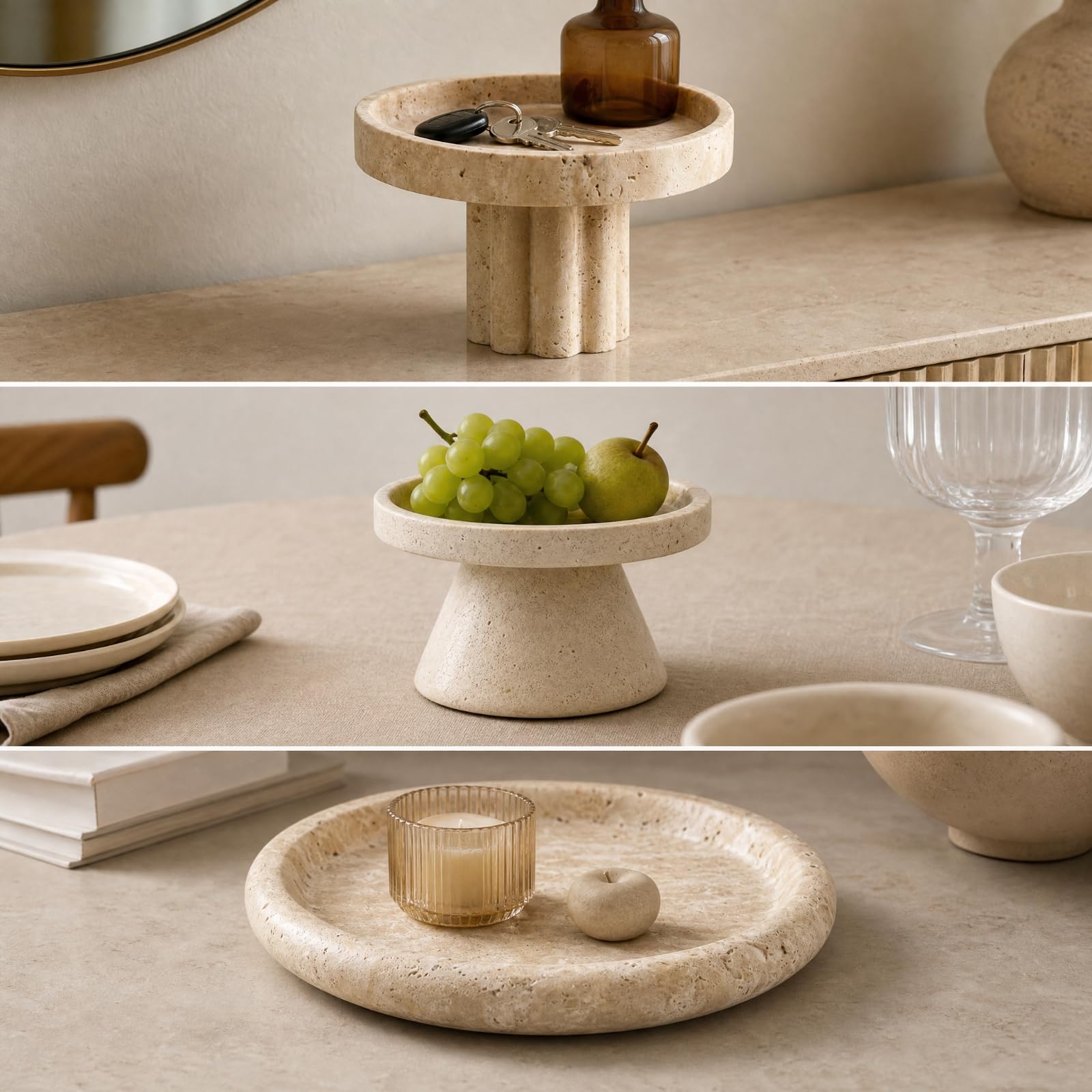 Fruttiera con Piedistallo | Accento Scultoreo per la Casa, Piatto Decorativo in Pietra Porosa, Vassoio in Pietra, Soggiorno, Sala da Pranzo, 26x26x9cm