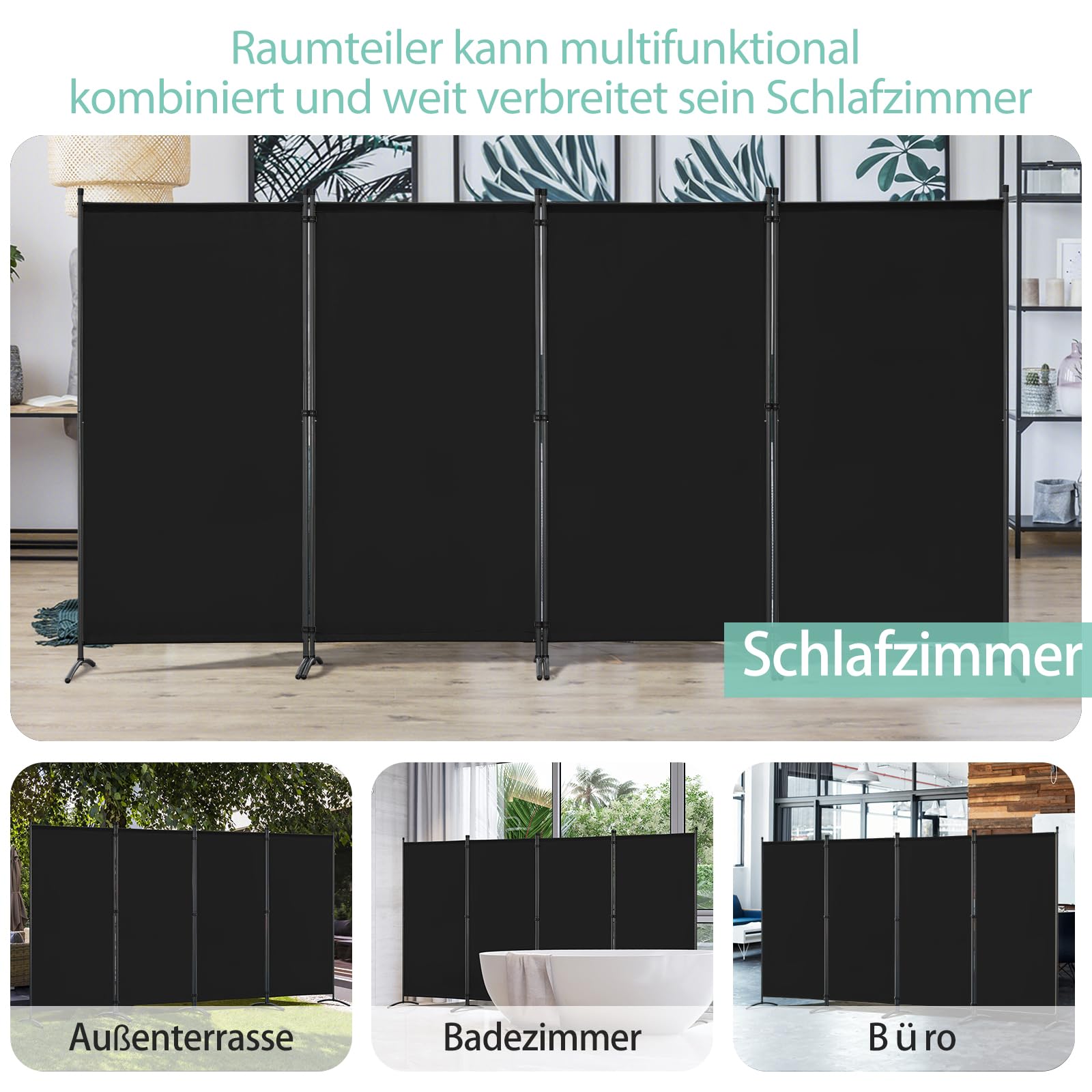 Angel Living Paravent 4 Teilig,Trennwand Raumteiler Paravent raumteiler innen Sichtschutz Wandschirm für Büros Balkon Schlafzimmer Außengarten 324x170cm Schwarz