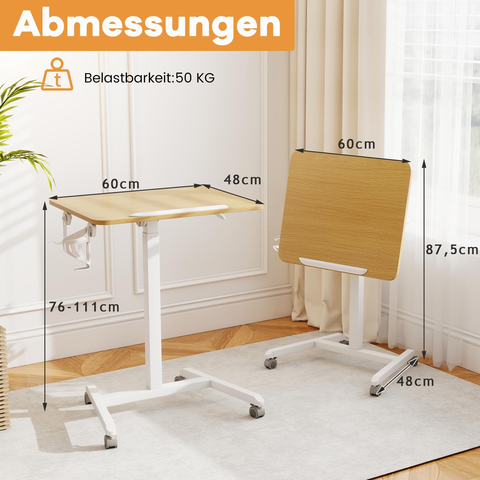COSTWAY Beistelltisch höhenverstellbar mit Rollen, Stehtisch mit 90° neigbarer Tischplatte, Haken und Becherhalter, Stehpult, Laptoptisch für Wohnzimmer, Schlafzimmer
