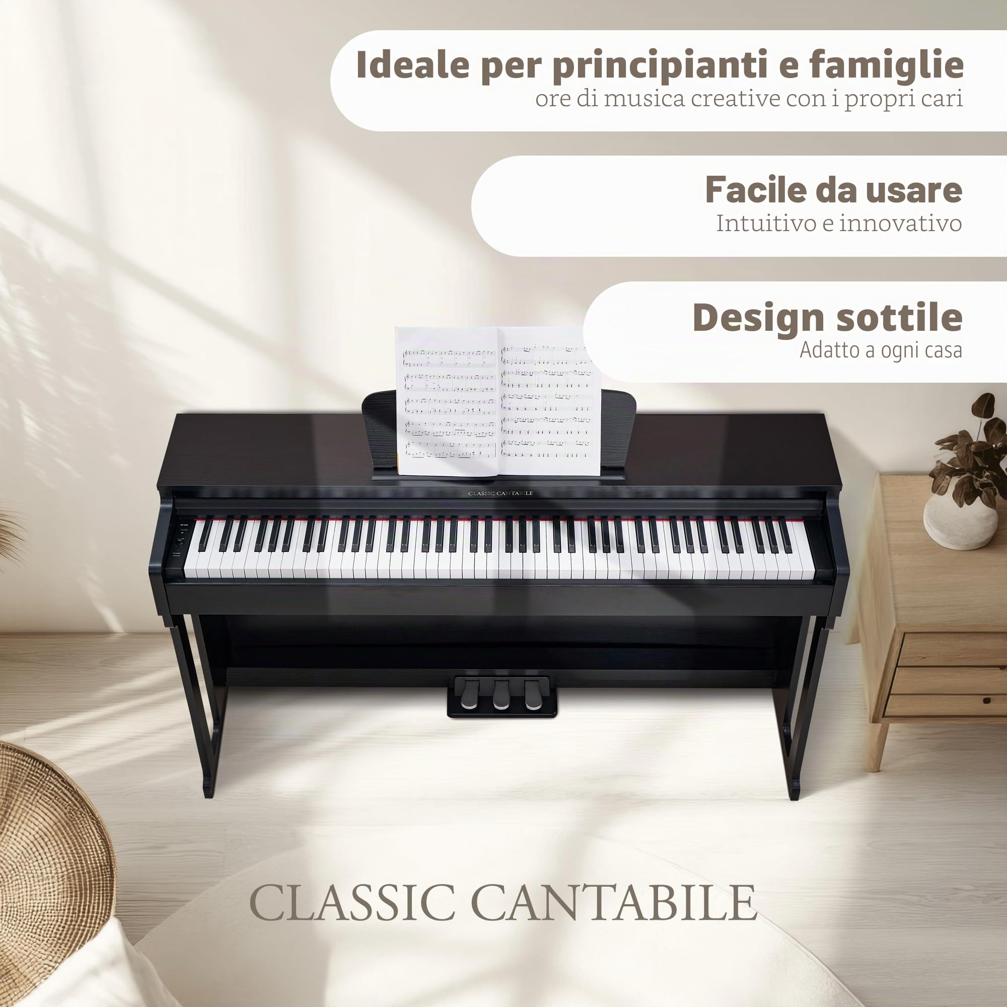 Classic Cantabile DP-220 SM E-Piano Nero Opaco, Polifonia a 64 voci | 88 tasti pesati con meccanica a martello, Dinamica di tocco regolabile su 5 livelli, 10 demo-song interni, 20 suoni, Soft