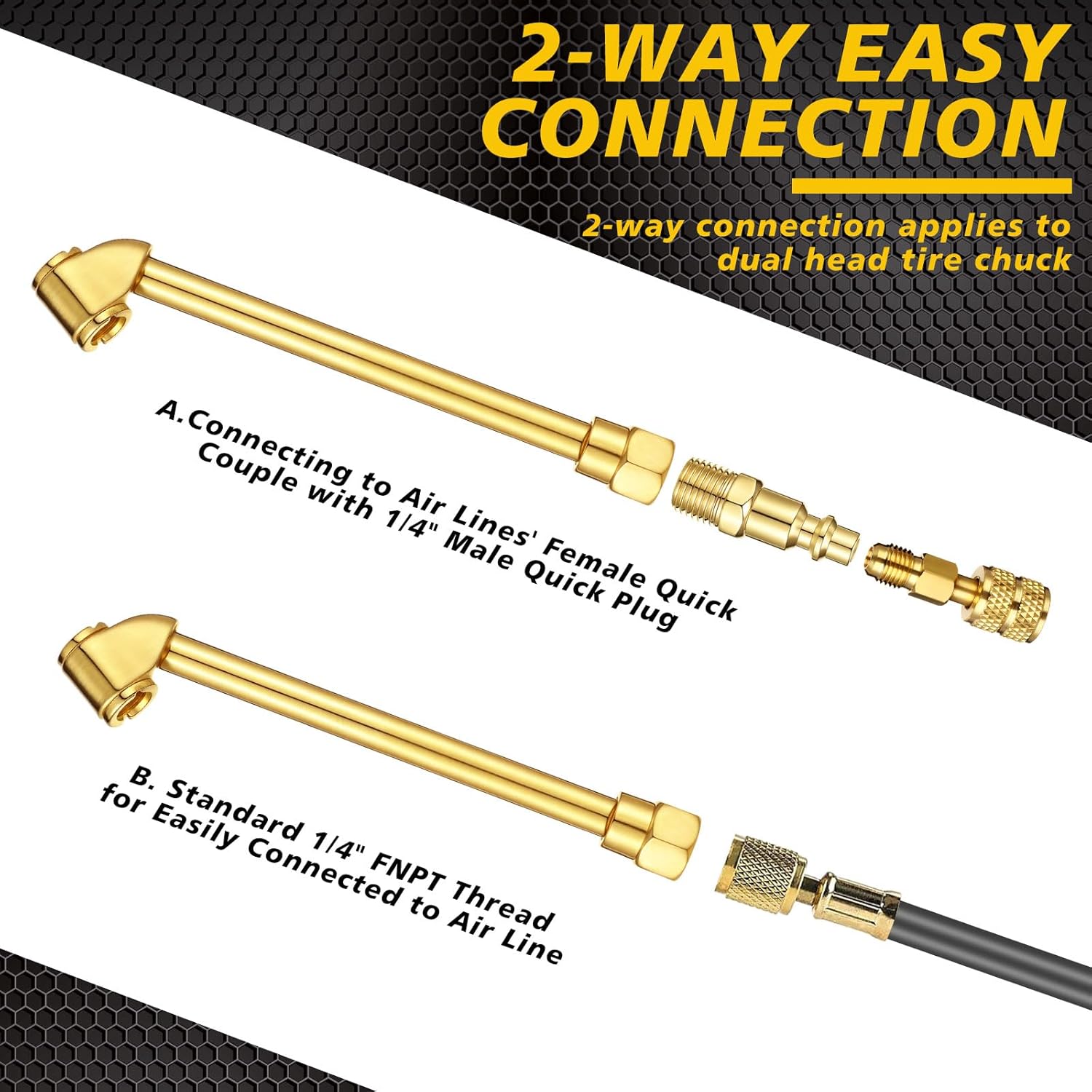 10 Pack 2-way Connection Air Chuck Set, 1/4 Inch Female Npt Closed Ball Tire Chuck, Dual Head and Standard Male Quick Plug, Tire Fill for Inflator Gauge and Compressor Truck, Bikes, Motorcycle