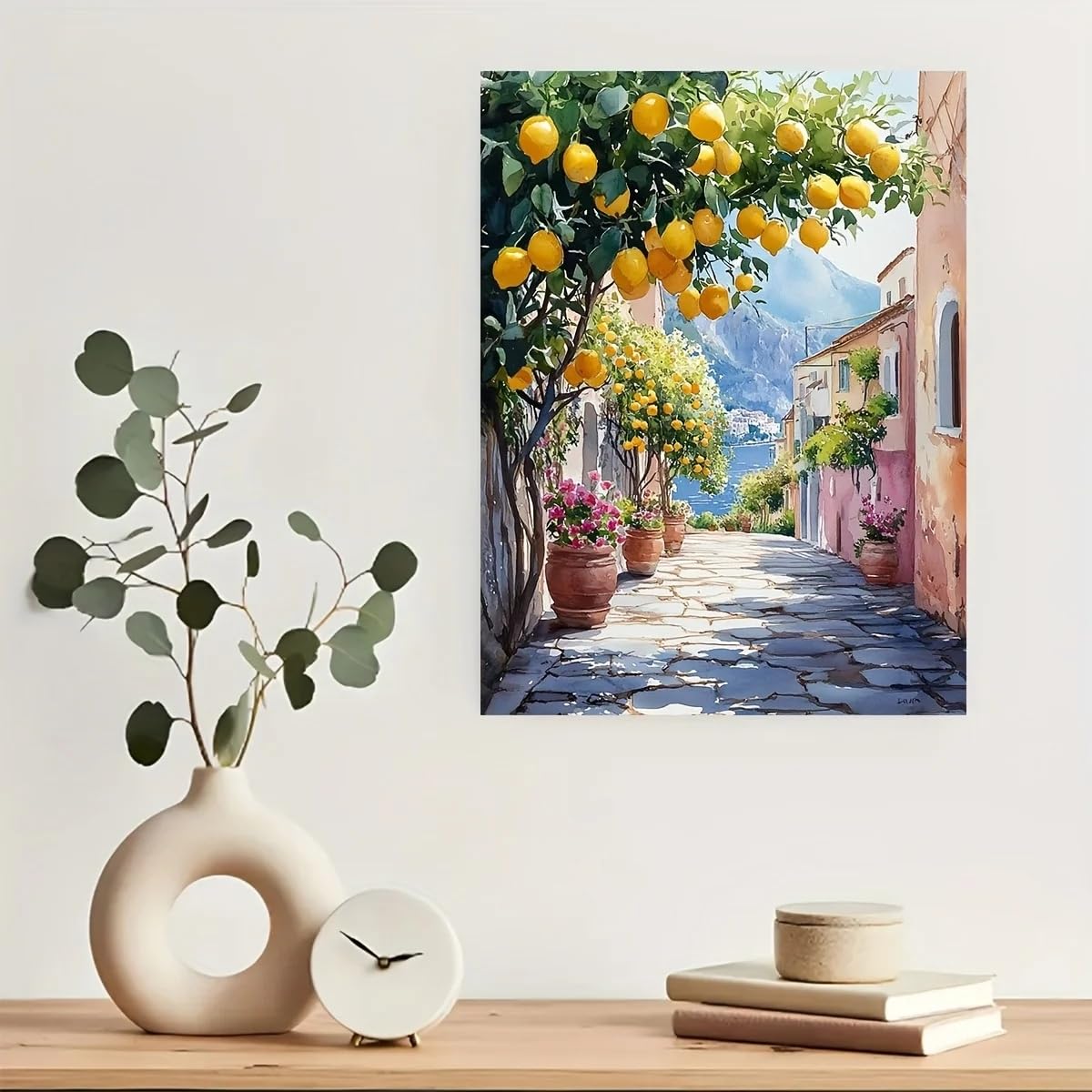 GOSRD Canvas Prints Wall Art Coast Watercolor Painting With Lemon Tree Coastal Cityscape(60x90CM/Frameless)