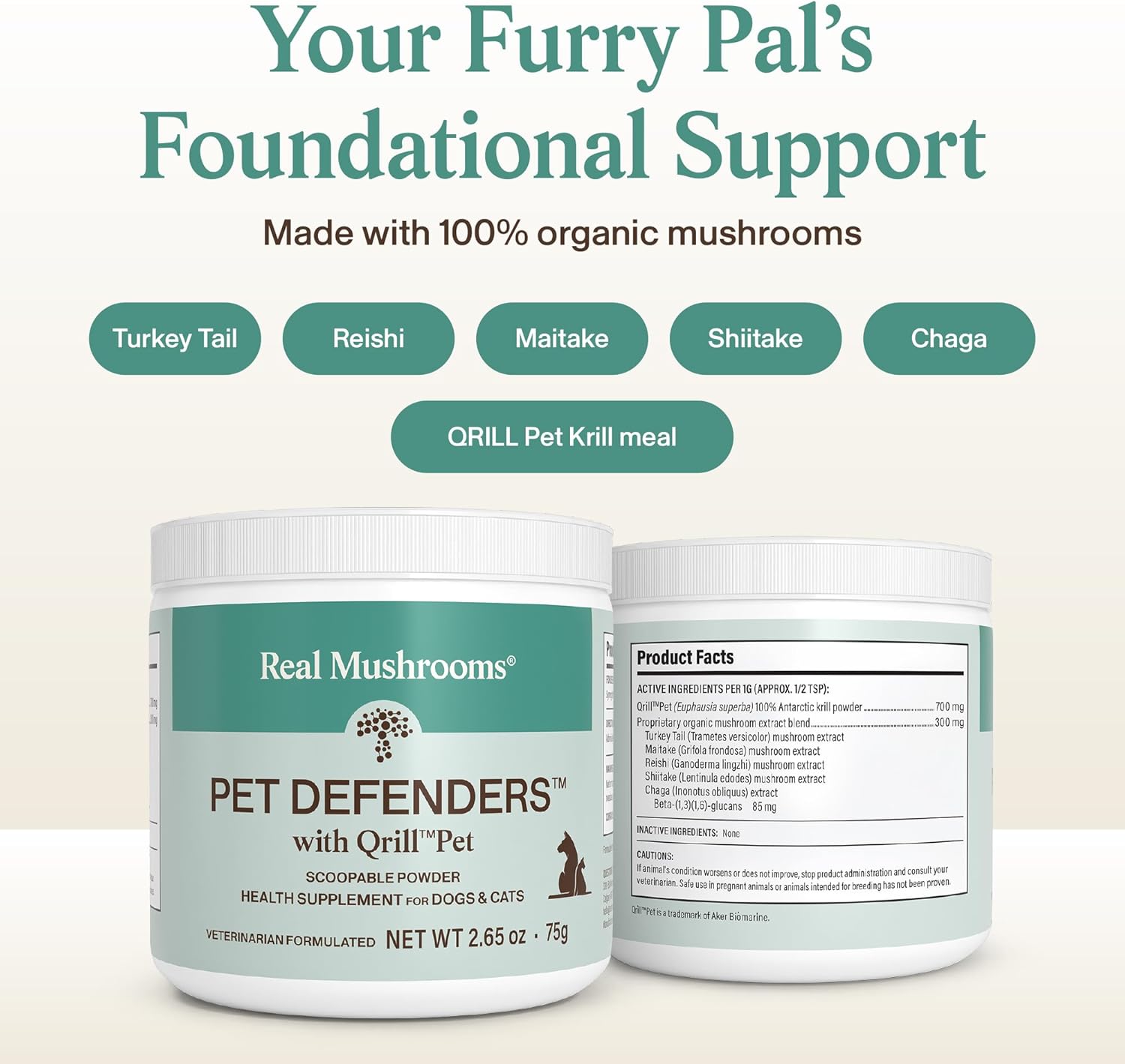 Real Mushrooms Pet Defenders with Krill - Dog Immune Support with Reishi, Turkey Tail, Shiitake, Maitake Organic Mushroom Extracts, Chaga - Daily Digestion and Immune Support for Dogs and Cats, 75g