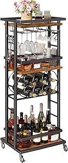 IBUYKE Garrafa vinho com rodas, carrinho de bar de 4 níveis, garrafeira vinho em pé, garrafeiras para licor whisky vinho, mini bar para sala de estar de casa, sala de jantar, porão, castanho TMJ912H
