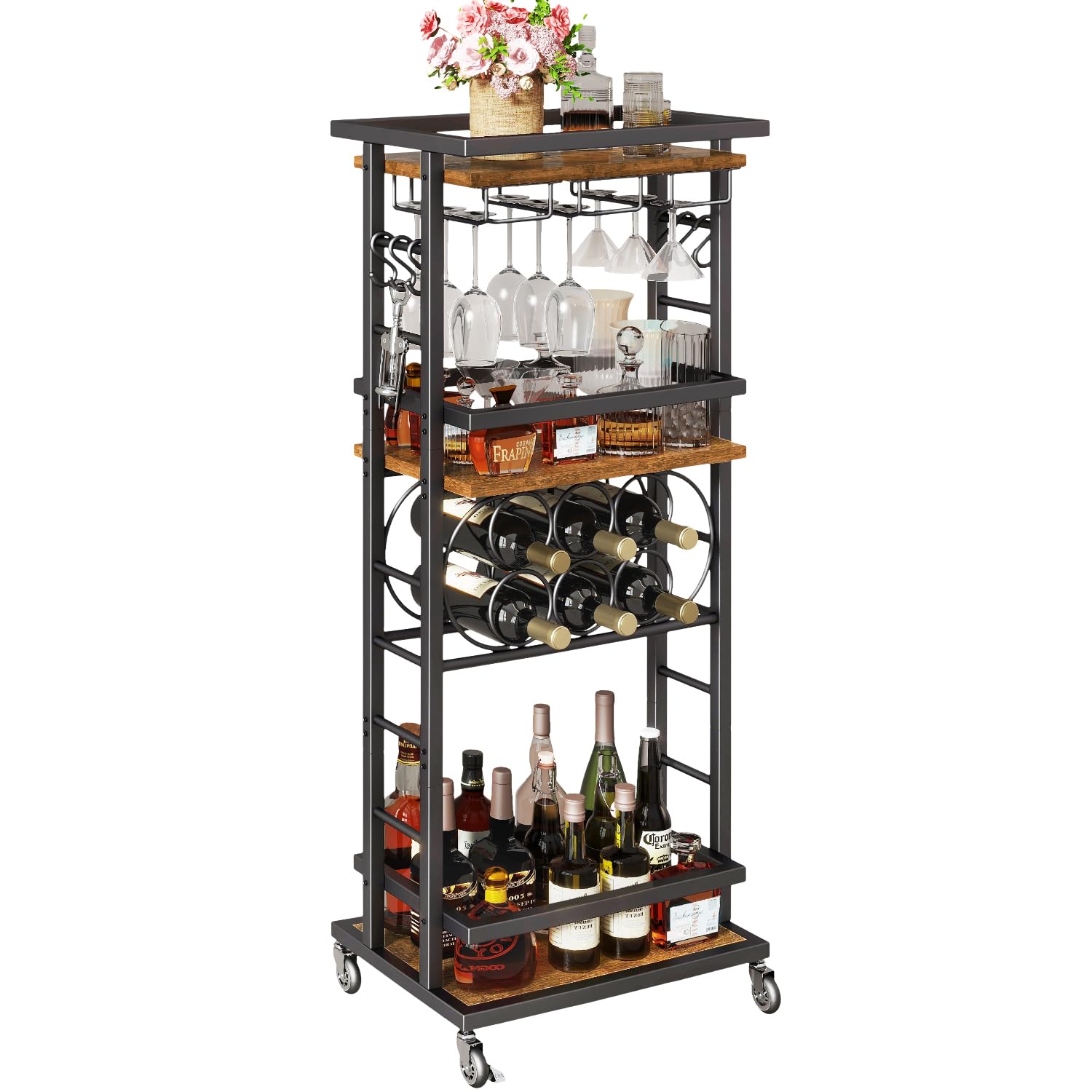 IBUYKE 4-Tier Liquor Cabinet with wheels,Wine Rack Freestanding Floor, Bar Cart for Liquor Whiskey Wine,Versatile Wine Bottle Display Shelf,Mini Bar for Home Living Room,Rustic Brown TMJ912H