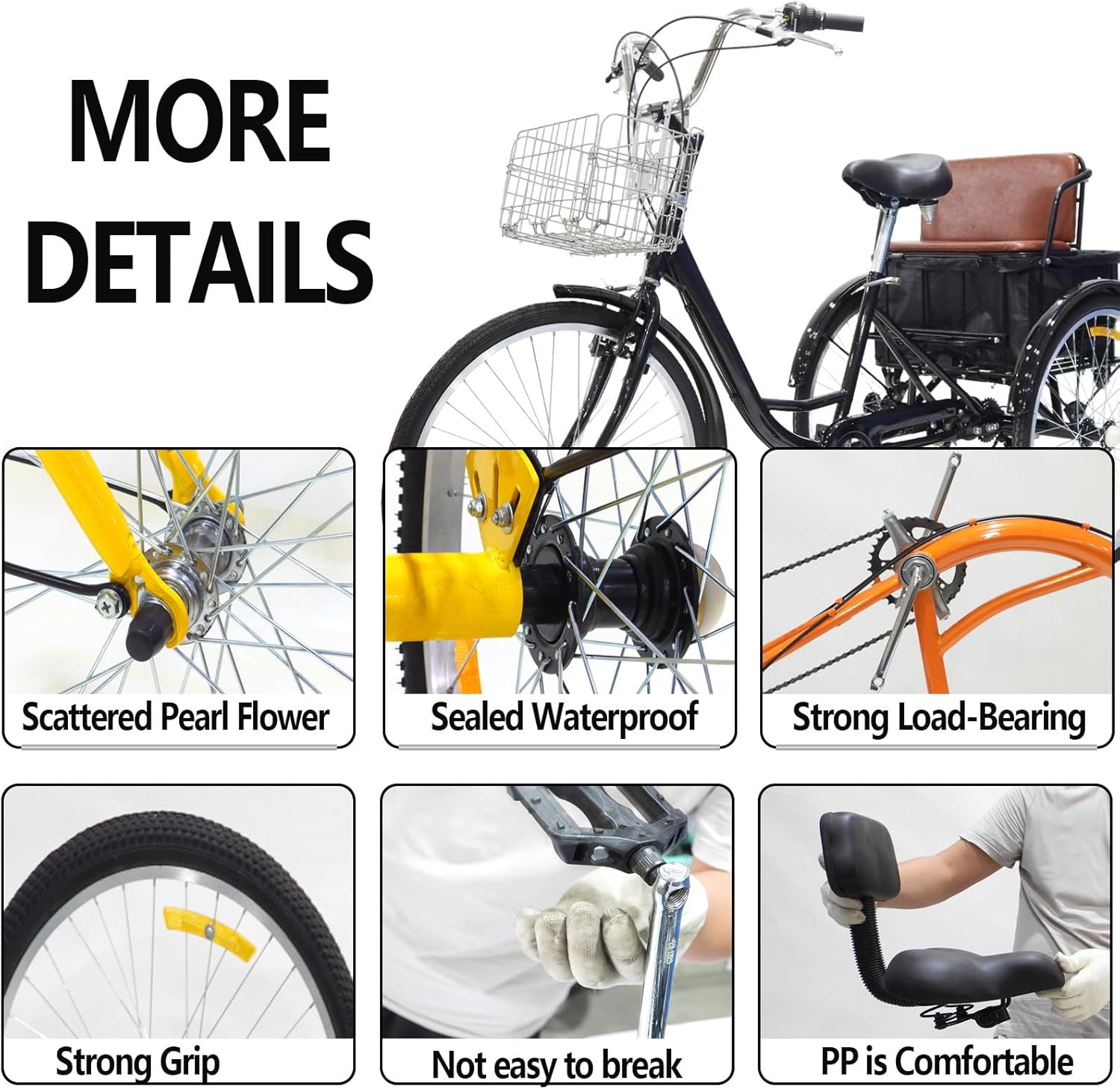 Tricycle Bicycle for Adults 24 inch Gear Shift Tricycle 120kg Load Capacity for Adults Bicycle Cargo Trike Cruiser Cycling Tricycle for Outdoor Sports Yellow with Basket