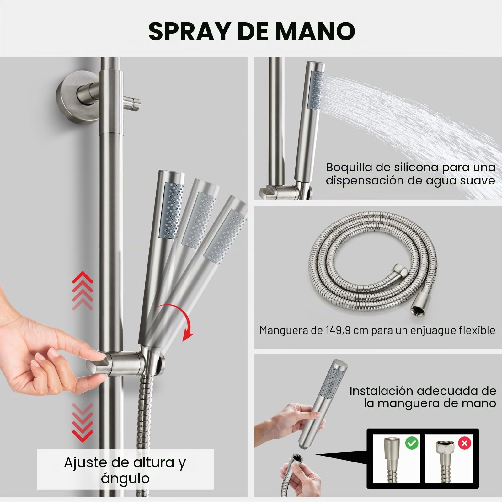 SUS304 - Juego de alcachofa de ducha para exteriores (mango único, montaje en pared con 2 funciones, níquel cepillado)