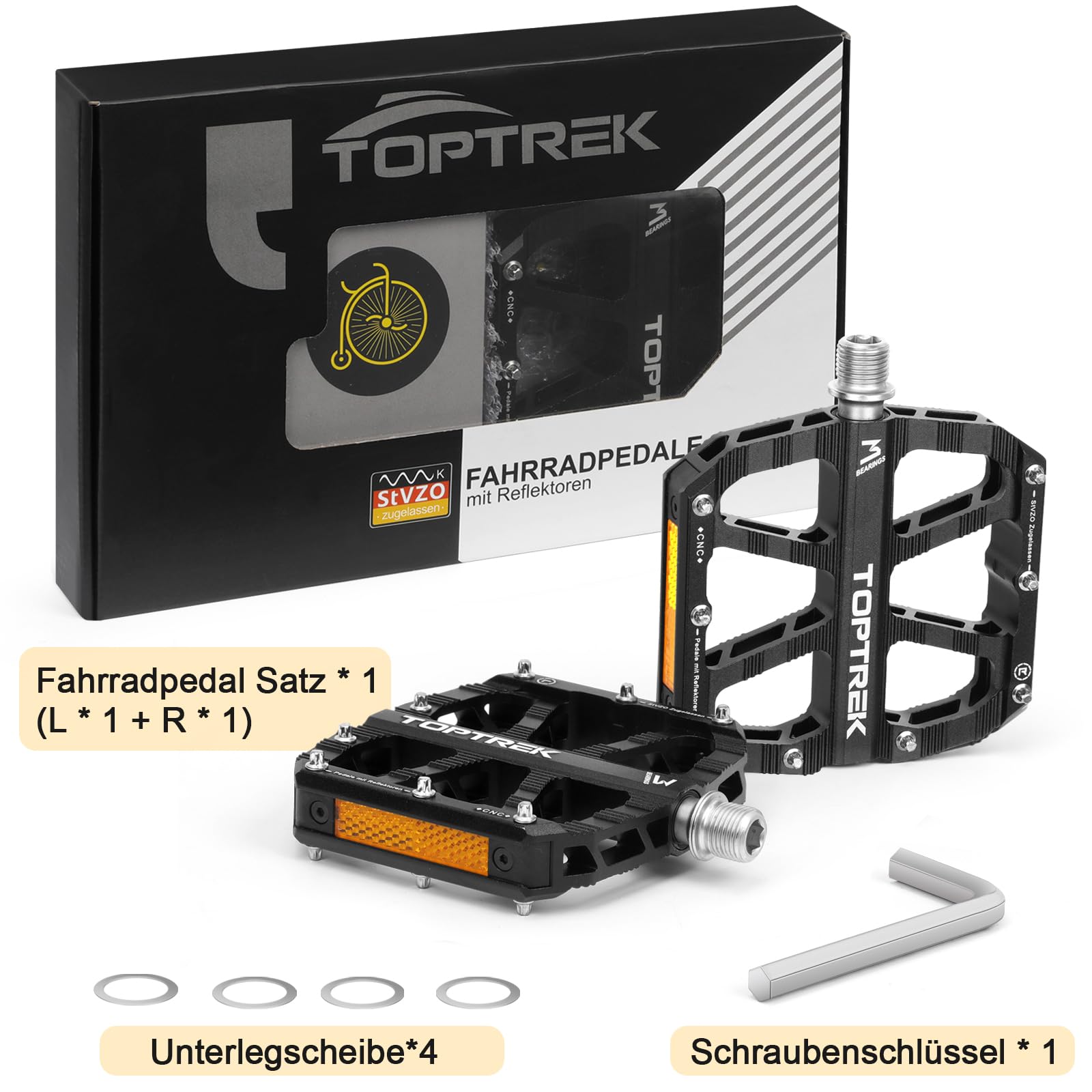 toptrek Fahrradpedale mit StVZO Zugelassen Reflektoren, CNC Aluminium Pedale Fahrrad MTB Pedale rutschfest mit 3 Abgedichtete Lager für Mountainbike, BMX, E-Bike, Rennrad