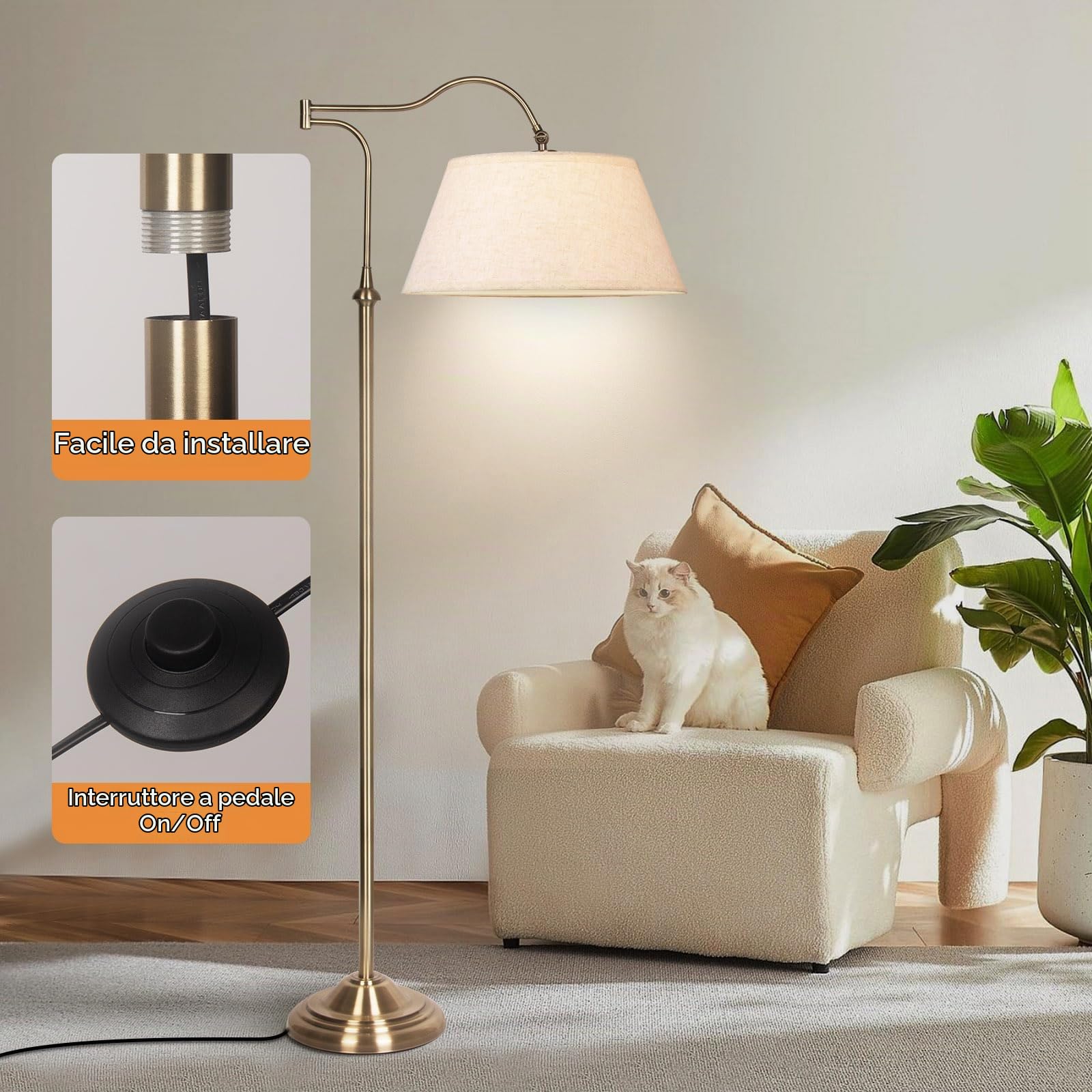 Lampada da terra con braccio oscillante, lampade da terra ad arco con braccio regolabile a 180° per soggiorno, lampada da terra Mid Century con paralume in lino, lampade alte per camera da letto