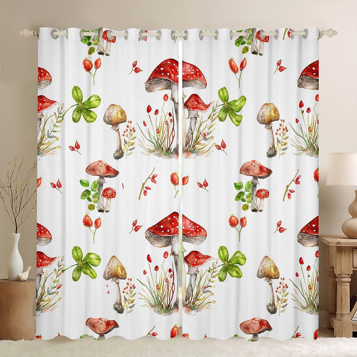 Manfei Kids Red Mushroom Blackout Curtain Botanical Theme Window Treatments Natural Plants Print Window Drapes for Boys Girls Room Decor Grommet Top 2 Panel Set Bedroom Curtains, 38Wx45L inch