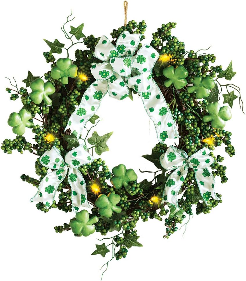 Collections Etc Lighted Shamrock Floral Wreath St. Patrick's Day Decoration Green, 15" Dia