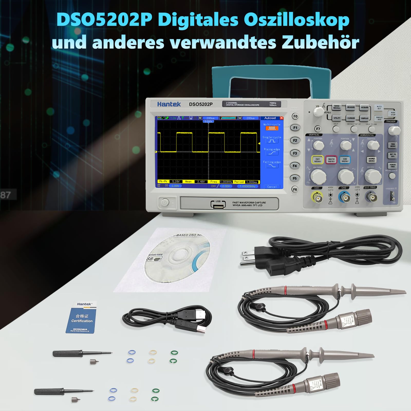 Hantek DSO5202P - Oscilloscopio digitale portatile 2 in 1 200 MHz 1GSa/s, 8 bit, 40 K Desktop Storage Oscilloscopio con trigger esterno (2CH + EXT) Supporta memoria USB