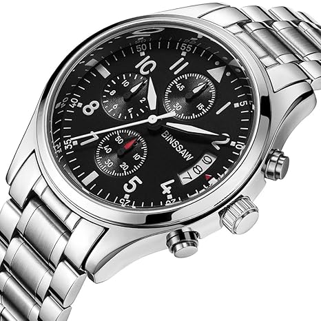 BINSSAW Mens Luxury Quartz Watch Fashion Stainless Steel Men Casual Waterproof Luminous Sports Watches