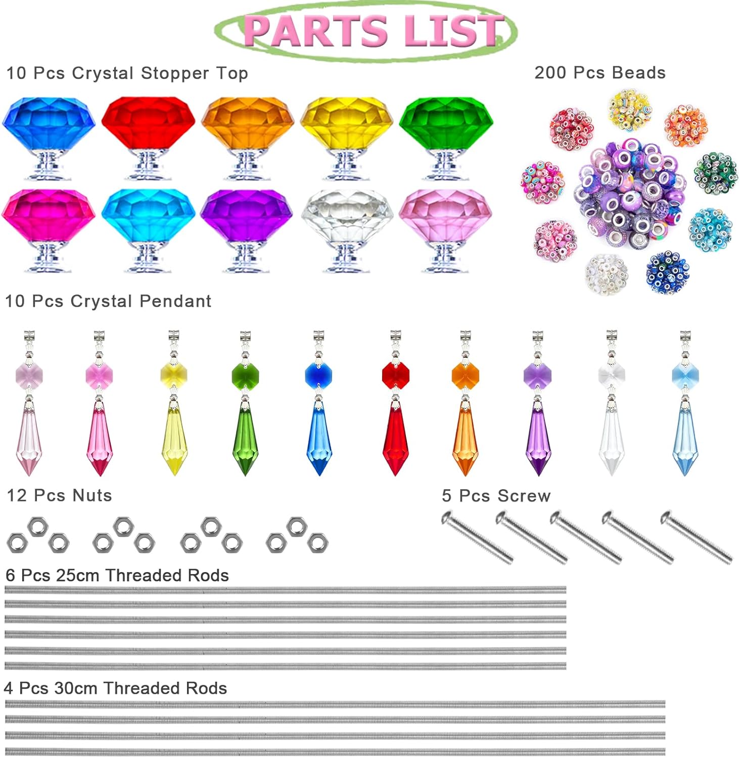 247 PCS Beaded Garden Stakes Kit, DIY Fairy Wand Garden Stake Beads Kits with Assortment Large Hole Beads 10 Crystal Stopper Top Threaded Rods and Sparkling Crystal Pendants for Outdoor Indoor Decor - Image 4