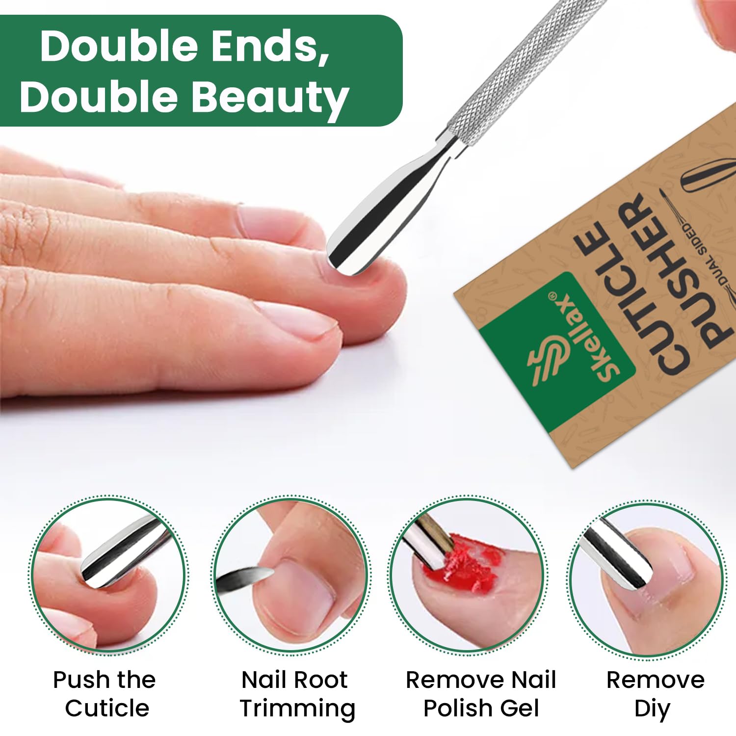 Juego de 4 empujadores de cutículas de doble extremo con borde afilado, con forma de cuchara, acero inoxidable de calidad de salón, manicura y pedicura, herramientas de limpieza para uñas de