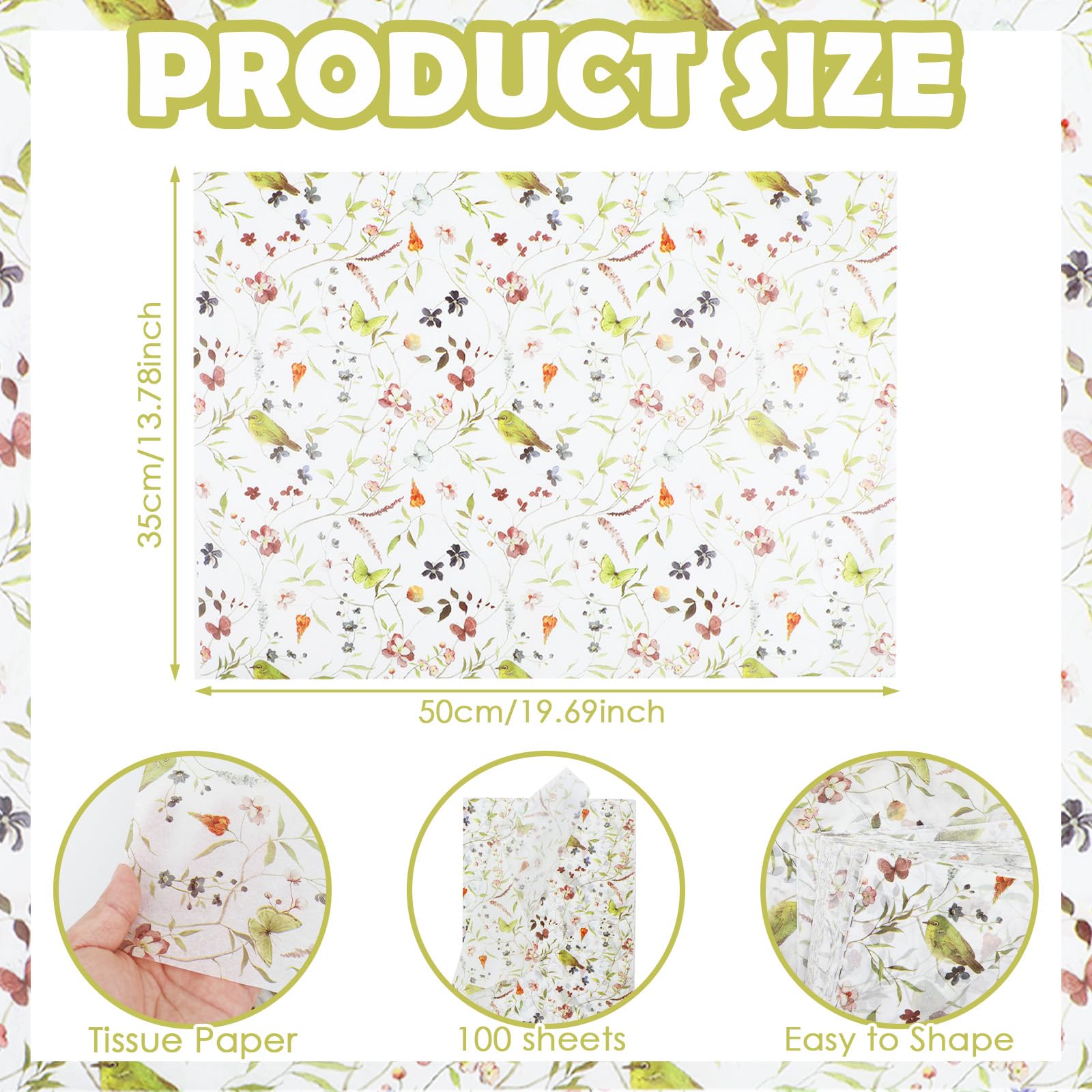 100 fogli di carta velina floreale, 50,8 x 35,5 cm, carta da regalo con fiori di campo, farfalla per decorazioni per matrimoni, addio al nubilato, feste di compleanno