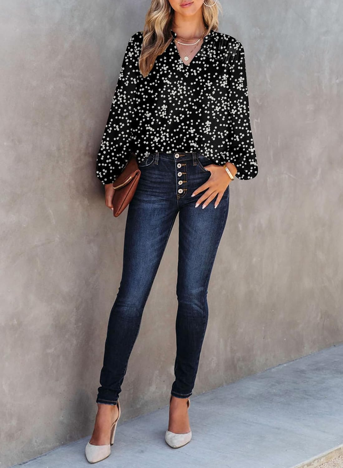 BLENCOT Women's Casual Boho Floral Print Chiffon Blouses Smocked V Neck Long Sleeve Loose Tops Shirts - Image 3