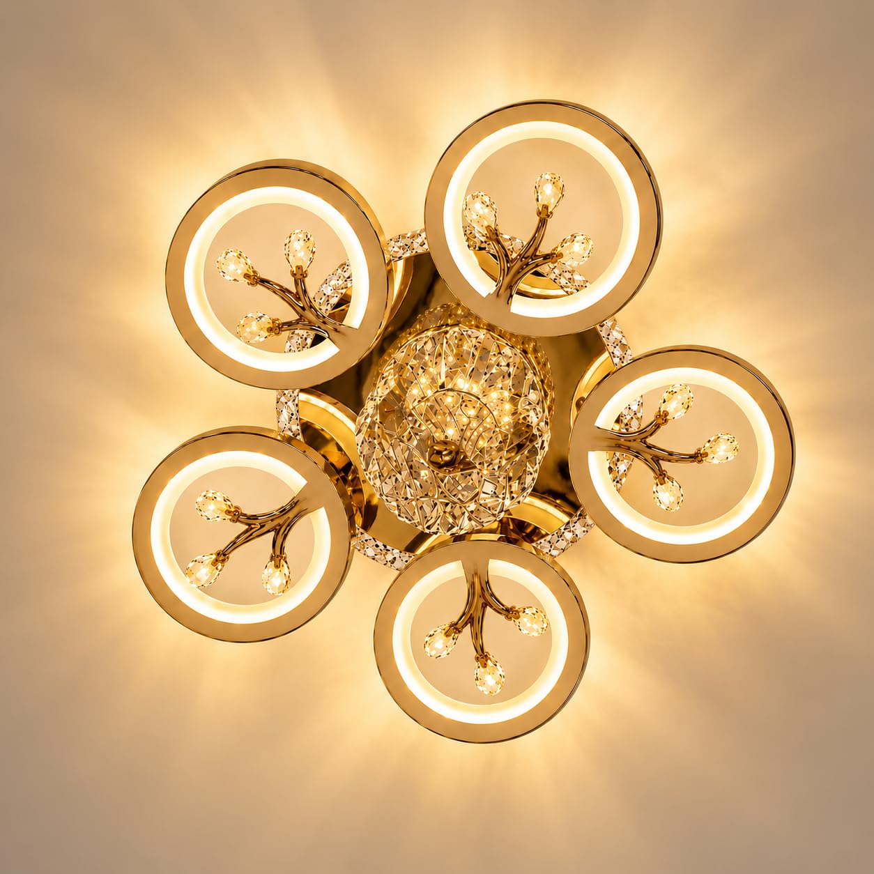 LED Crystal Ceiling Chandelier with Bluetooth Speaker & Dimmable Remote, Modern Rose Gold 5 Ring Flush Mount Ceiling Light, Luxury Decorative Lamp for Living Room, Bedroom, Hall & Dining Room-image-35