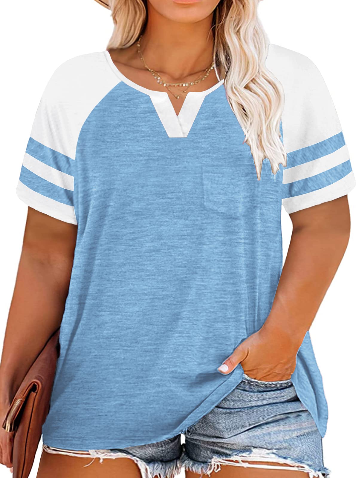 VISLILY Plus-Size Tops for Women Summer V Neck T Shirts Color Block Raglan Tees XL-4XL
