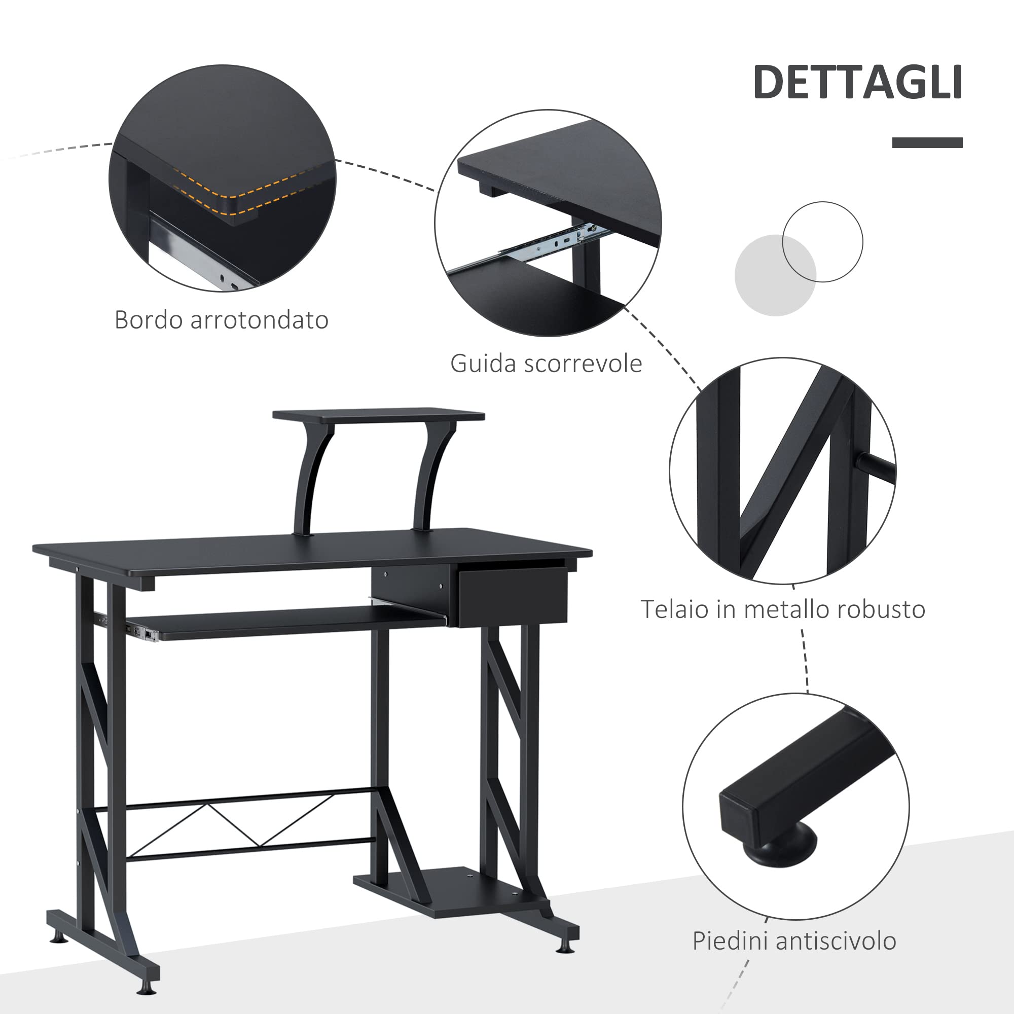 HOMCOM Scrivania per Computer Salvaspazio in Acciaio e Legno, Scrivania da Ufficio con Cassetto, Ripiano Tastiera Estraibile 90 x 50 x 95cm