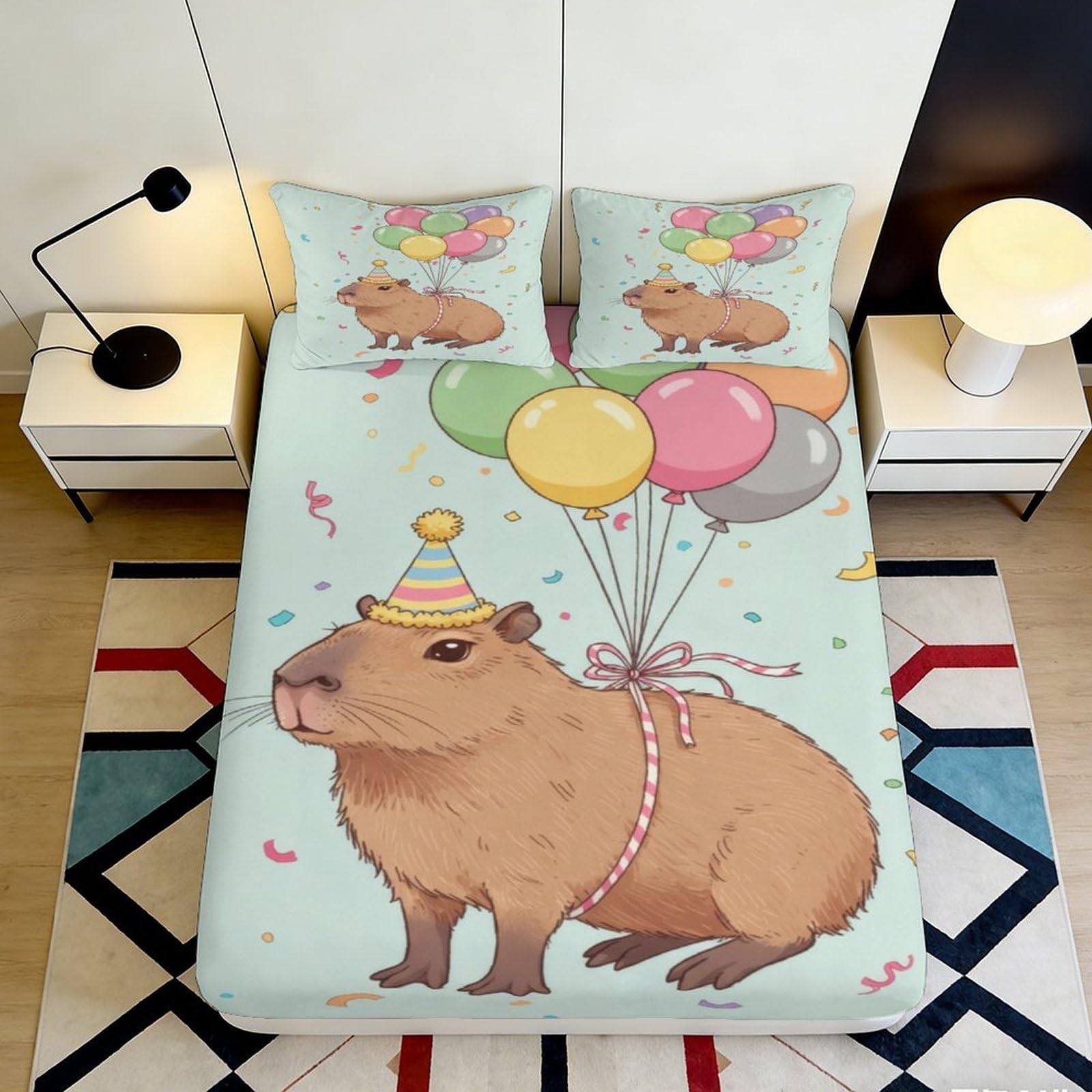 3D Printed Capybara Party Fitted Sheet Microfiber Soft Cartoon Balloon Bed Cover for Bedroom Dorm Mattress Decor 90x200x25cm