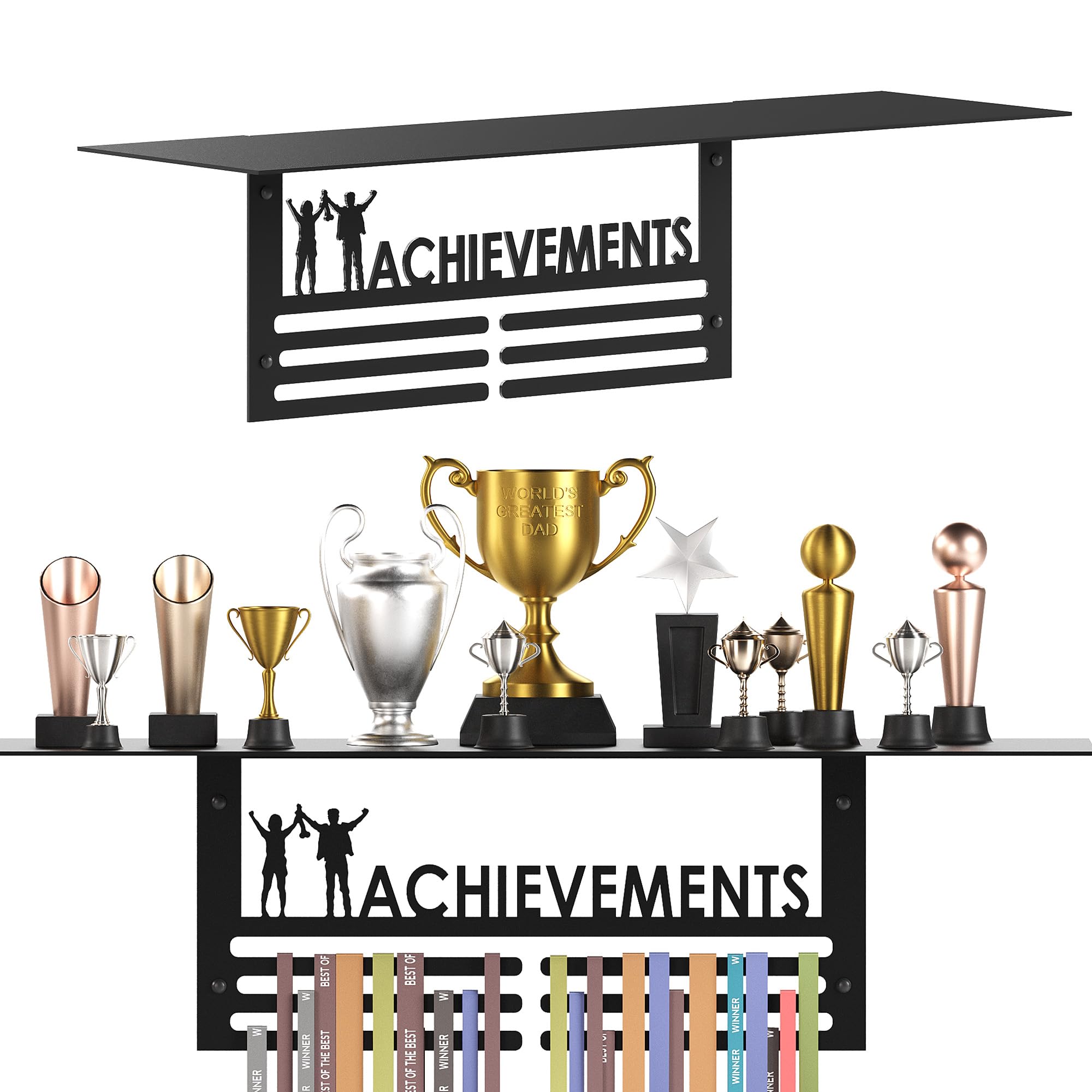 Glory Trophy Rack with Medal Hanger - Achievement – Holds Up to 8 Trophies and 30 Medals – Glossy Black Finish – Metal Display for Sports Achievements – Perfect for Homes-image-1