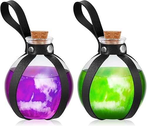 Patelai 2 botellas de poción de vidrio de Halloween con cinturón, corcho, accesorios de disfraz de bruja renacentista, botella de poción para