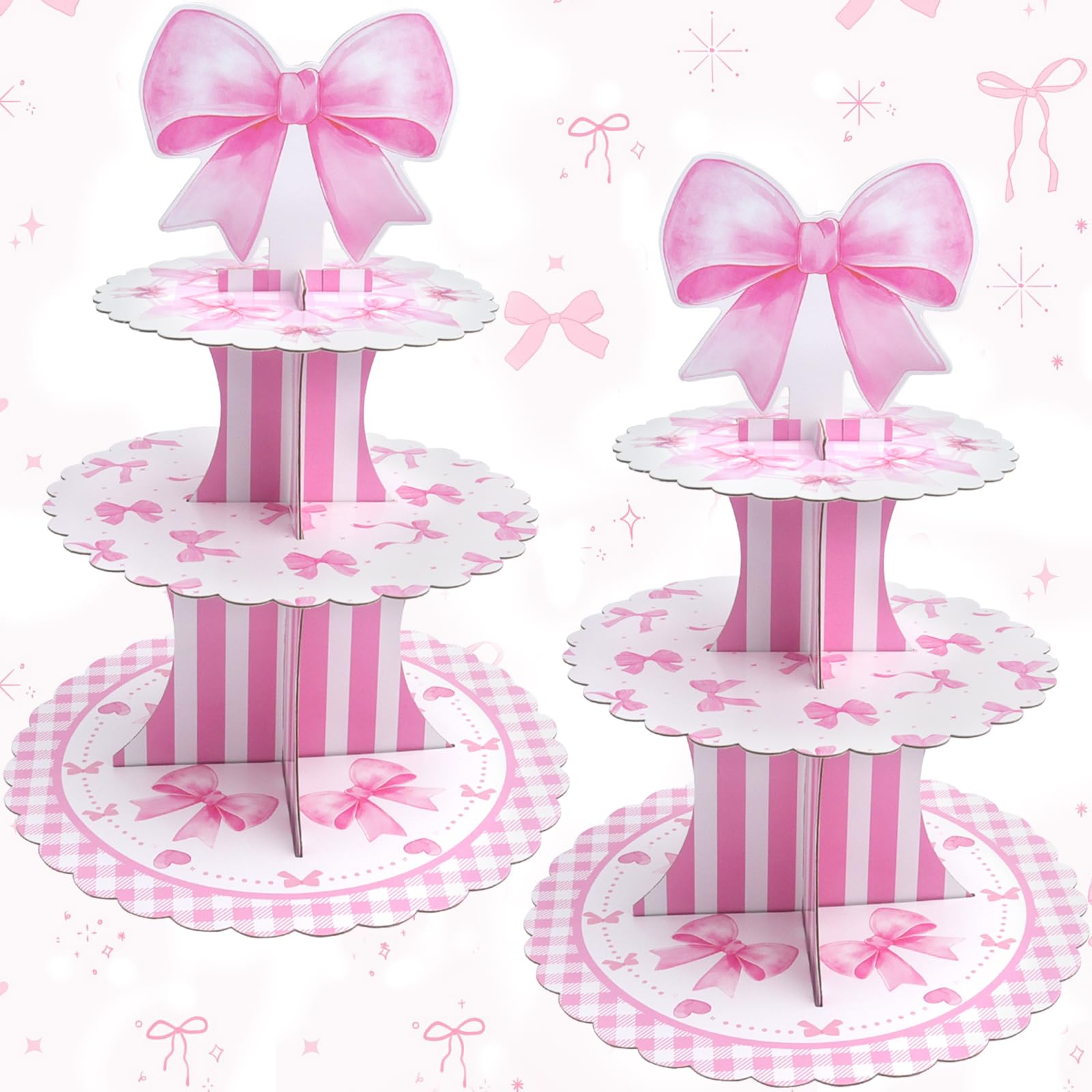 YGNNBC 2-Piece 3-Tier Cupcake Stand, Bow Pink Tower Cardboard Cupcake Tier Stand Holder for Dessert Display Birthday Party Decoration for Supplies Baby Shower Birthday Theme Party (Pink Bow Girl)
