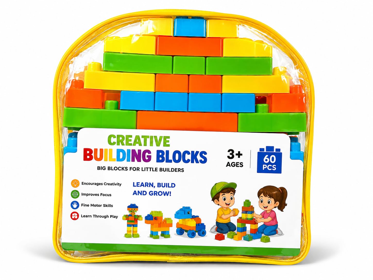 INDIQUEHUB Creative Building Blocks Set for Kids 60 Pieces | STEM Learning Toy, Age 3+, Boys & Girls, Includes Storage Bag, Large Construction Bricks-image-20