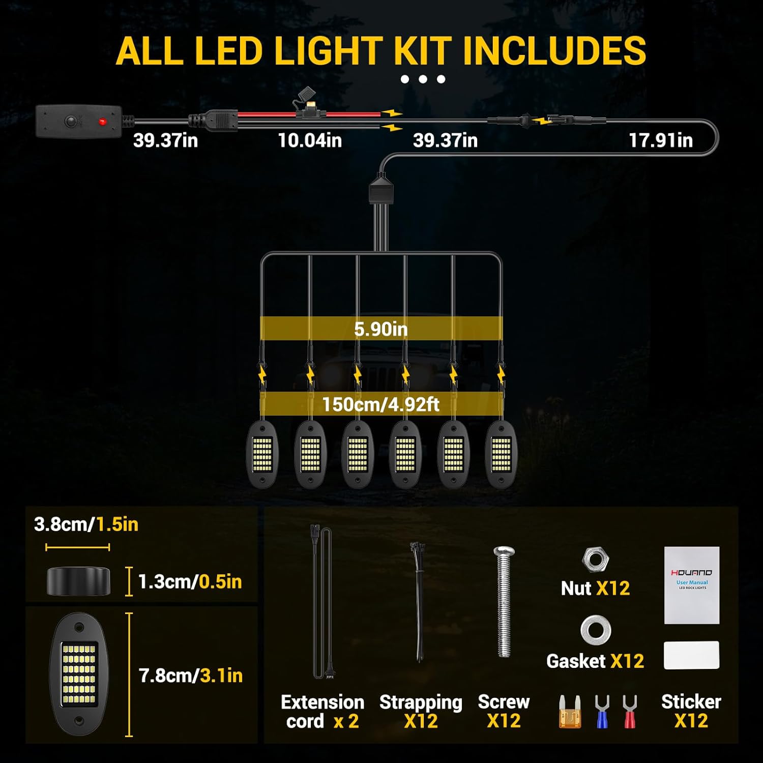 Hovano 6 Pods White Rock Light Kit with Wired Switch - 6500K Pure White LED Underglow, IP68 Waterproof, Super Bright 36 LEDs for Trailer Off Road SUV UTV ATV RZR Car