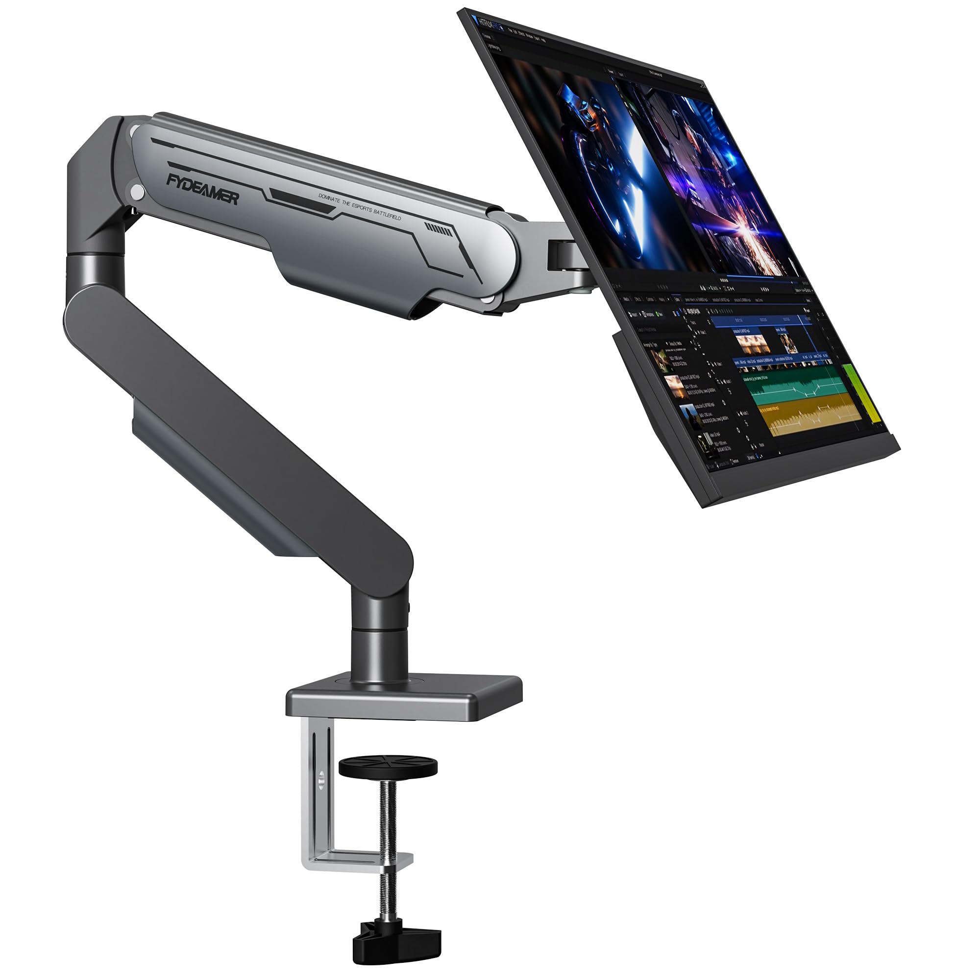 Fydeamer Single Monitor Arm, Heavy Duty Gas Spring Monitor Mount for 17-32 Inch Screens up to 19.8lbs, Full Motion Adjustable Desk Mount with VESA 75x75/100x100mm, Gray & Black