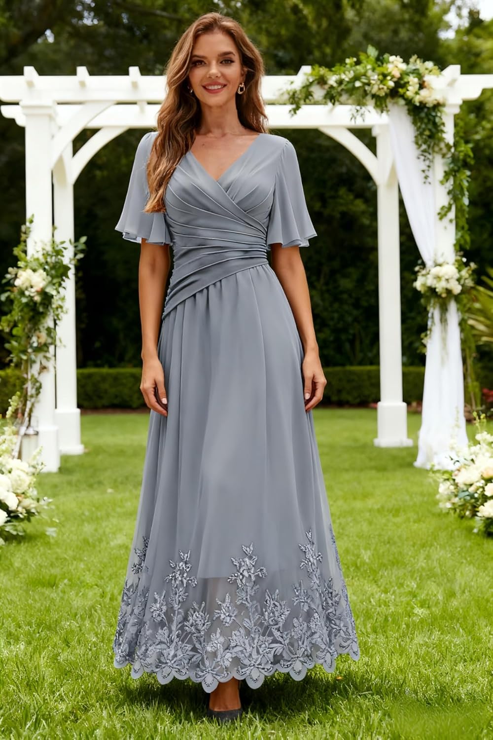 Women's V Neck Mother of The Bride Dresses Short Sleeves Pleated A Line Chiffon Party Evening Formal Dress KH004 - Image 5