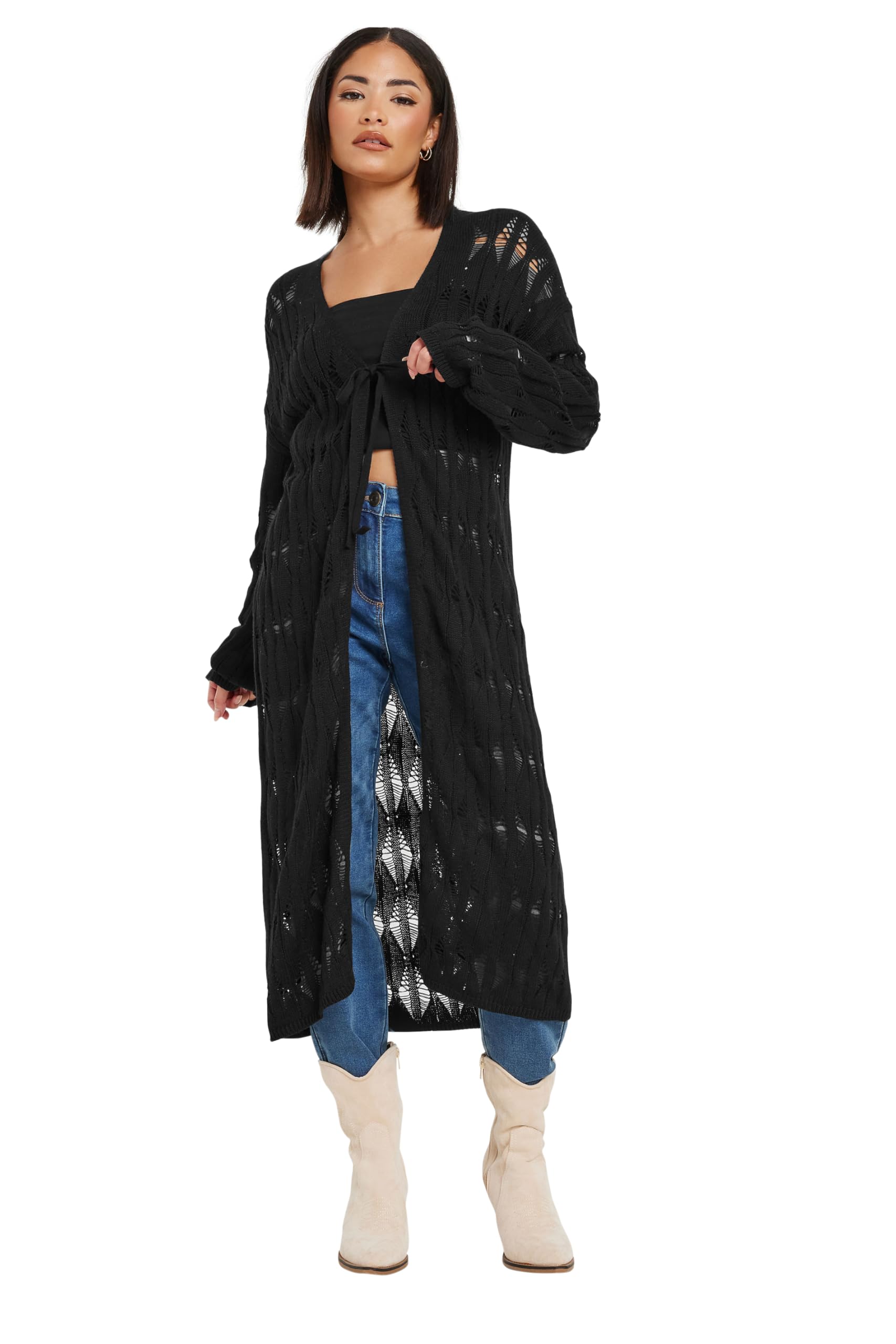 PixieGirl Petite Black Crochet Maxi Tie Cardigan Petite