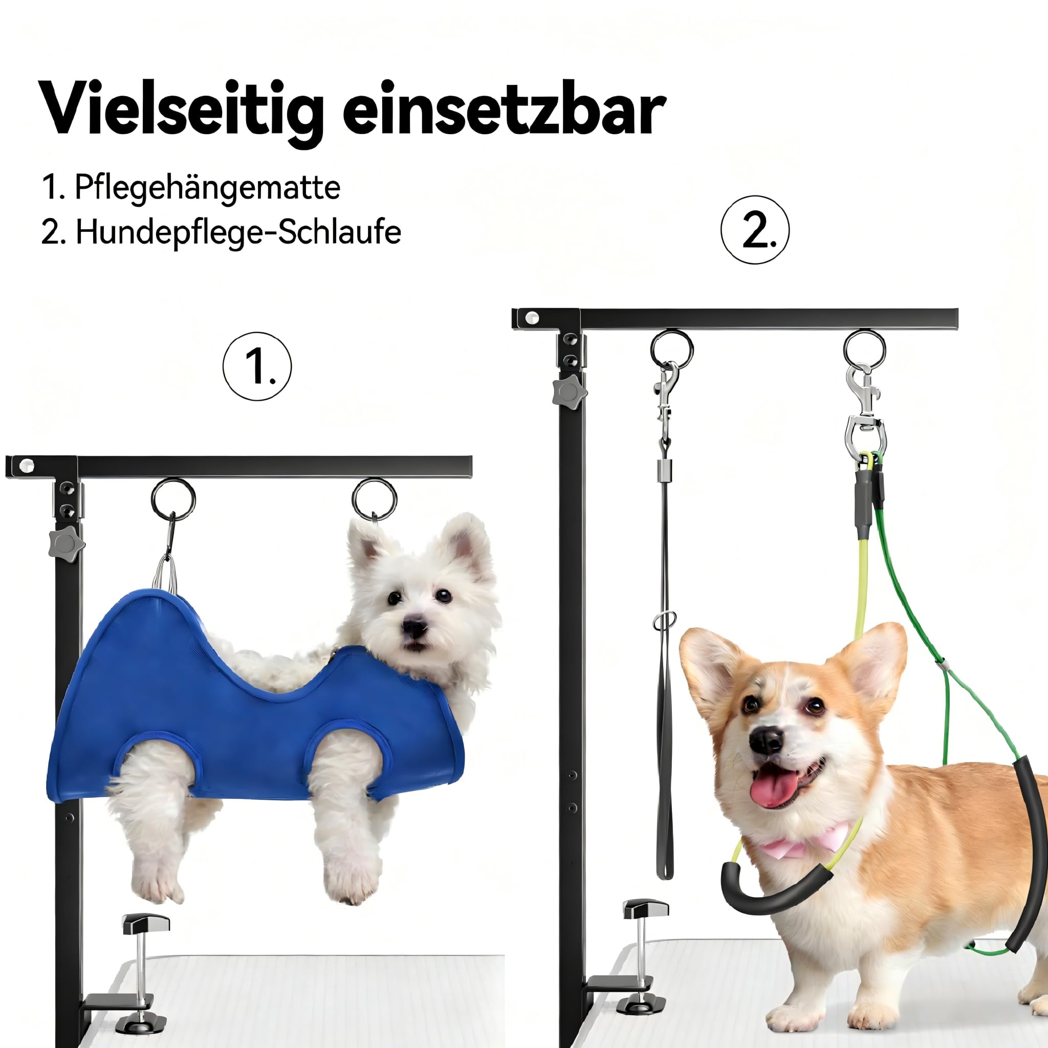 Faltbarer Hundepflegetisch-Arm mit Tischklemme – Höhenverstellbar 66–102 cm, Grooming-Arm mit Hängematte & Anti-Sitz-Schlaufe, Hunde-Fixierung für kleine & mittelgroße Hunde, Zuhause oder Salon