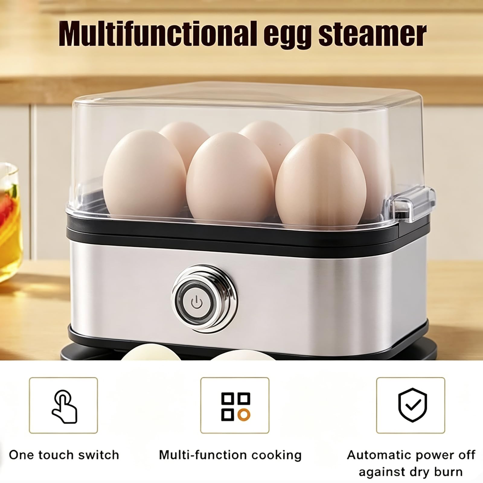 Cocedor de Huevos Eléctrico Inteligente 3 en 1 con Apagado Automático, Bandeja Extraíble, para 6 Huevos para Hacer Huevos Pasados por Agua, Medianos, Duros, Escalfados y Revueltos, Hervidor al Vapor