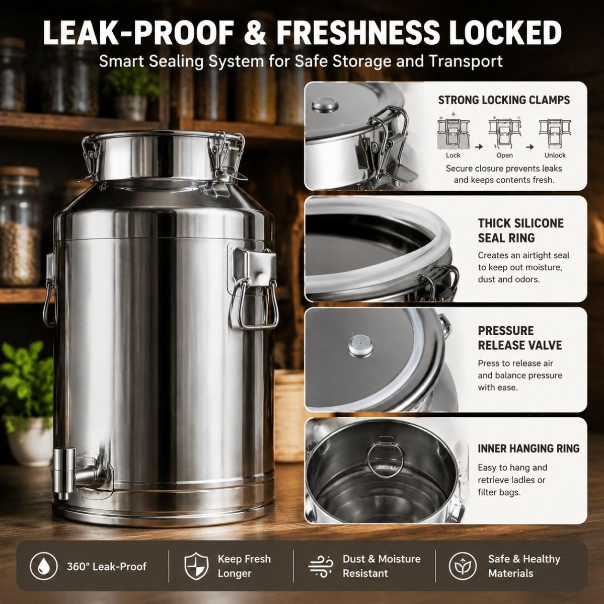 5L 22L 48L 100L Bidone Latte Acciaio Inox, Distributore Bevande Rubinetto | Secchio Ermetico per Trasporto, Contenitore Olio e Acqua, Fusto Vino per Cucina o Campeggio(With Spigot,14L)