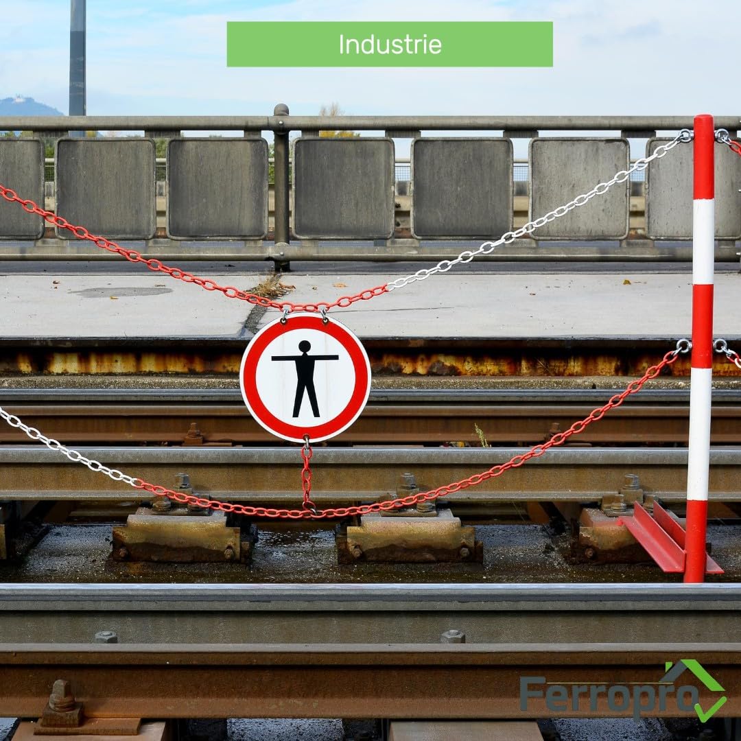 FAMEX Catena di sicurezza in metallo, 5-30 m, 5 mm, rosso e bianco, catena in acciaio zincato con moschettone e maglia di emergenza, catena di avvertimento resistente alle intemperie per parcheggio