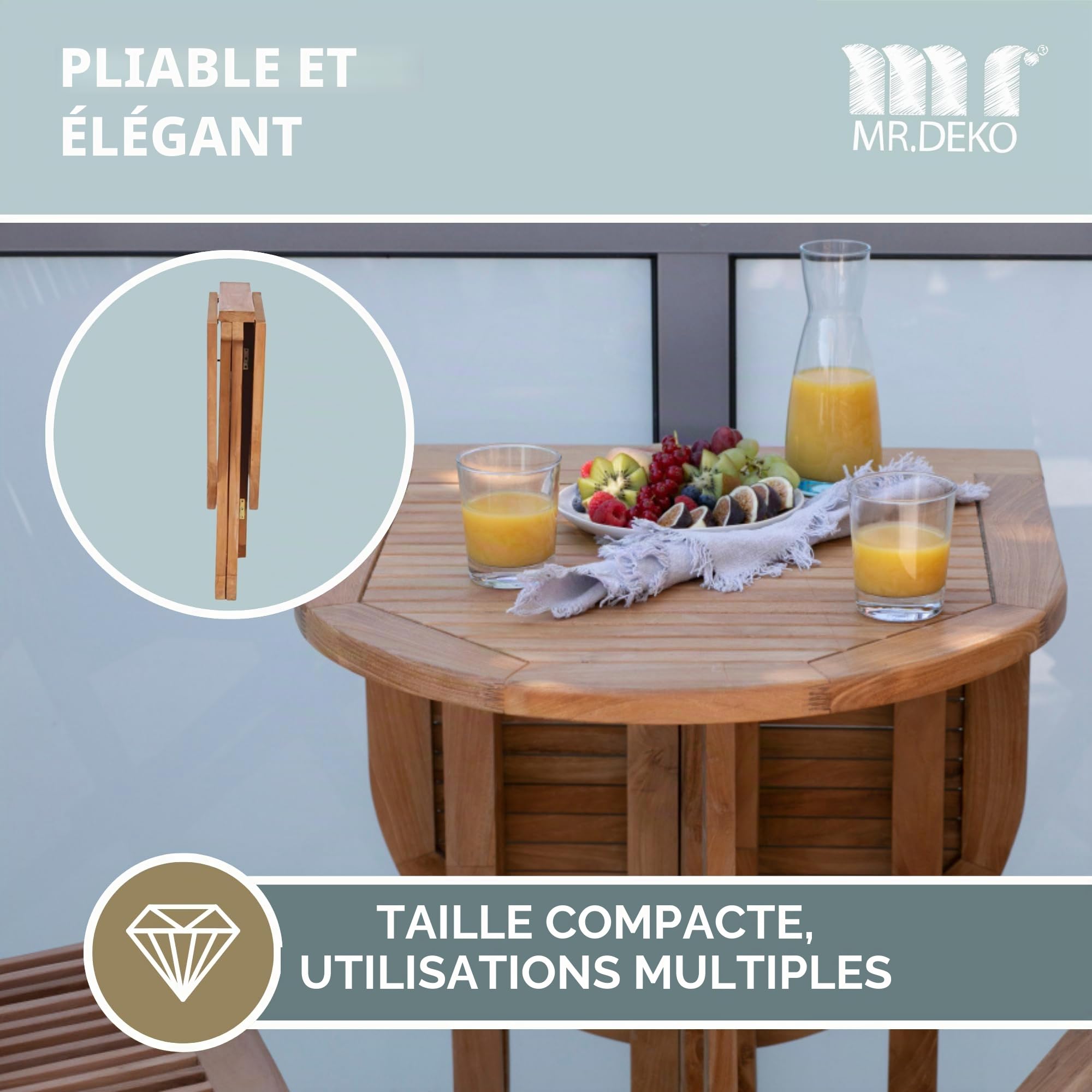 MR. DEKO Table Balcony Teck Massif 120x60x75 cm | Table de Jardin Pliable Individuellement | Meuble Gain de Place pour Petit Balcon Terrasse | Bois Robuste Résistant Rectangulaire