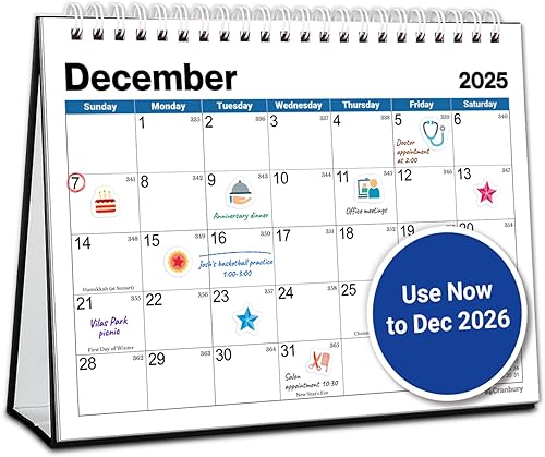 CRANBURY Calendario de escritorio pequeño 2025-2026, abatible de pie de 8 x 6 pulgadas, uso ahora hasta diciembre de 2026, calendario de escritorio