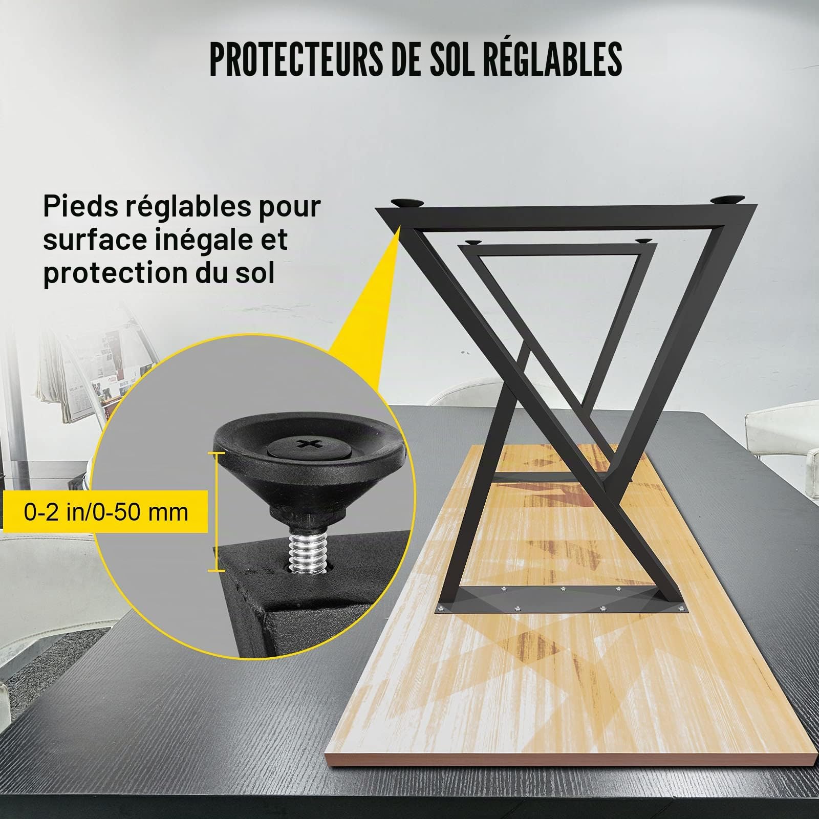 VEVOR Pieds de Table en métal, 71,1x45,7 cm, Pieds de Bureau, Lot de 2, Pieds de Meubles Forme Z, Pieds de Table Basse, Bricolage à Domicile pour Table à Manger avec Protections de Sol en Caoutchouc