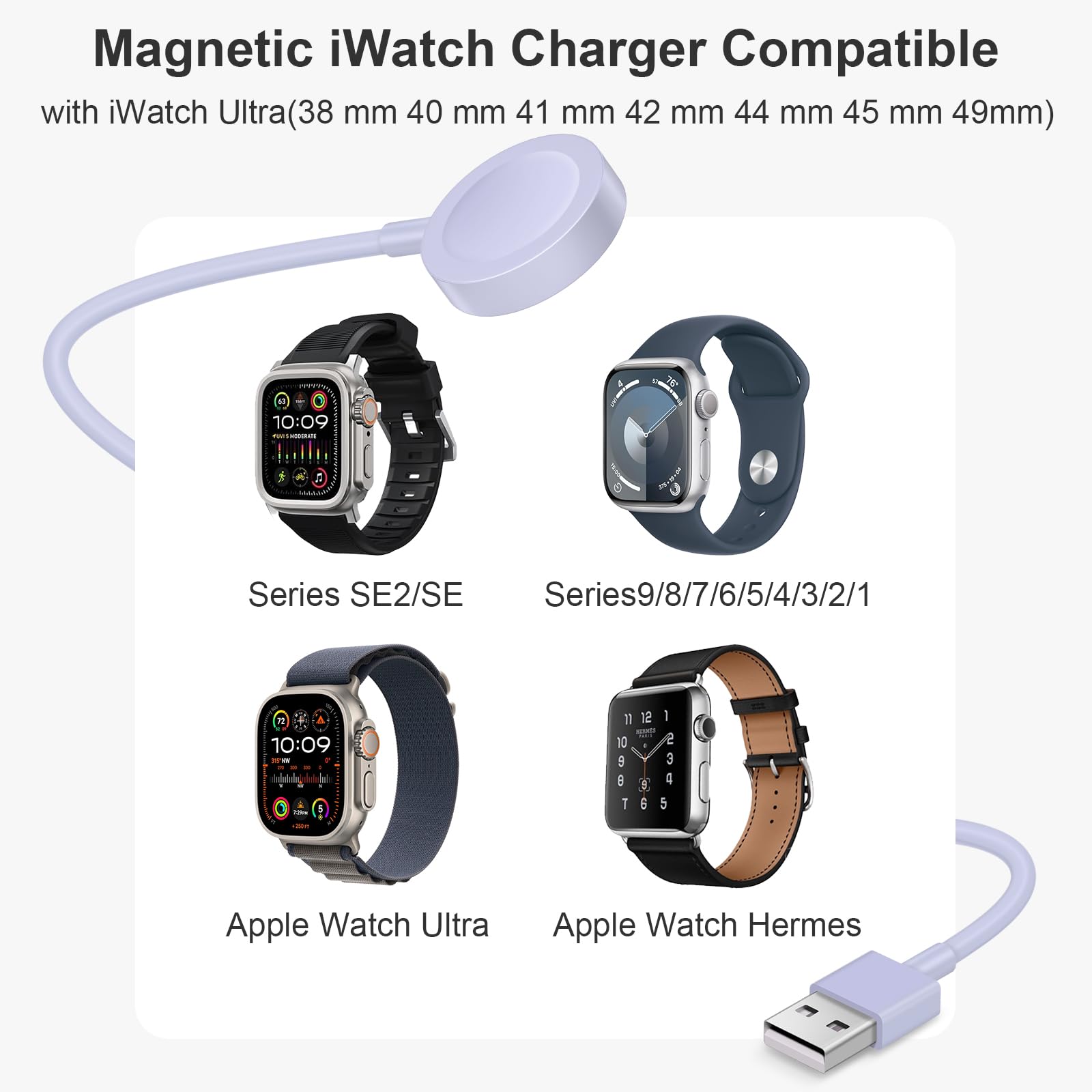 Caricabatterie per orologio per Apple Watch Charger [Apple MFi certificato] Caricabatterie per orologio magnetico iWatch Caricatore da 3,3 piedi Cavo di ricarica rapida USB A Adattatore da parete per