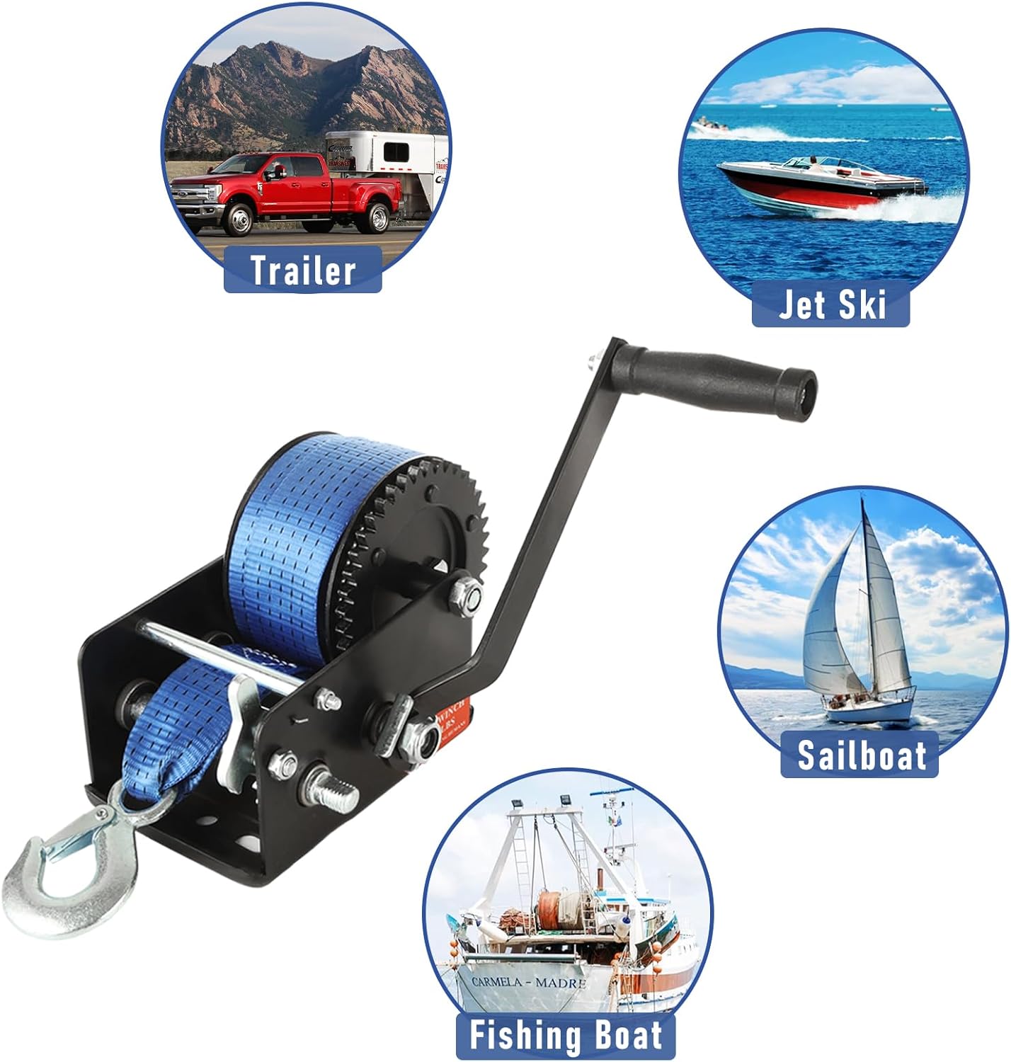 2500lbs Boat Trailer Winch with 32ft Strap - Heavy Duty Dual-Speed Hand Crank Winch (4:1/8:1 Gear), 2-Way Ratchet for Marine Boat, Truck, ATV & Jet Ski Recovery