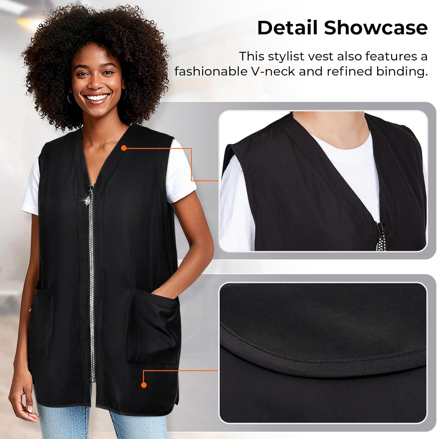 Glitz Rhinestone Closure Stylist Vest, V-Neckline Baber Smock, Washable Hairdresser Apron Uniform for Unisex with 2 Lower Pockets, Zip Up Vest Sleeveless Outerwear, Stain & Hair Against Salon Jacket - Image 3