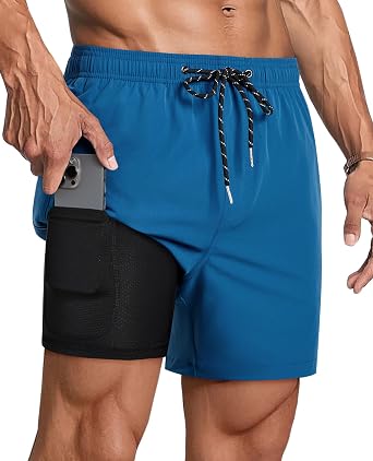 Gleeease Mens Swim Trunks 5 Inch with Compression Liner Mens Bathing Suit | Quick Dry Swim Trunks Men Zipper Pockets No-Chafe Stretch Drawstring Elastic Waistband Solid Board Short Beach Surf Fishing