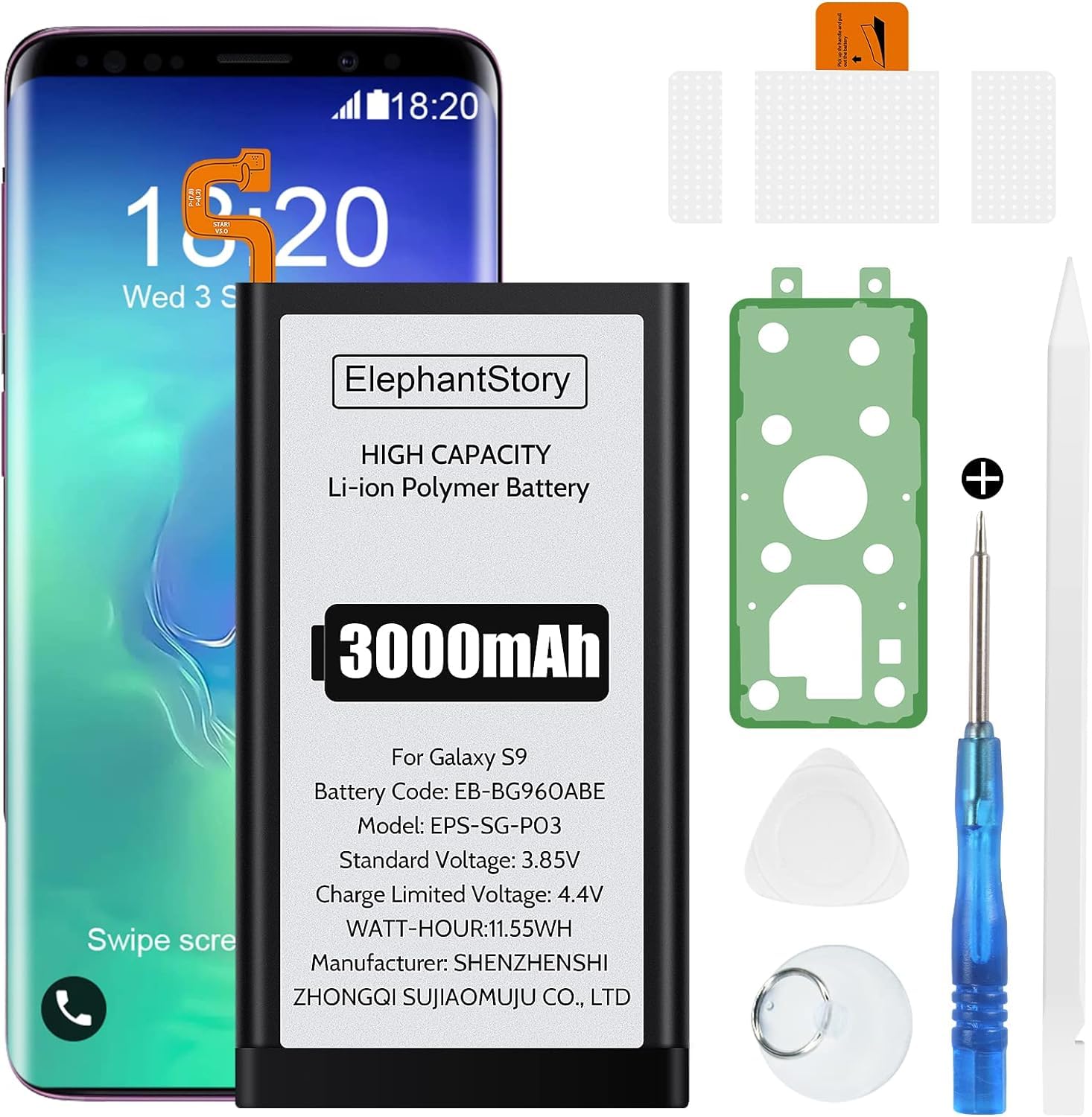 ElephantStory Battery for Samsung Galaxy S9 Replacement Kit: (New Upgraded) for Samsung Galaxy S9 SM-G960U All Models with Repair Tool Kits