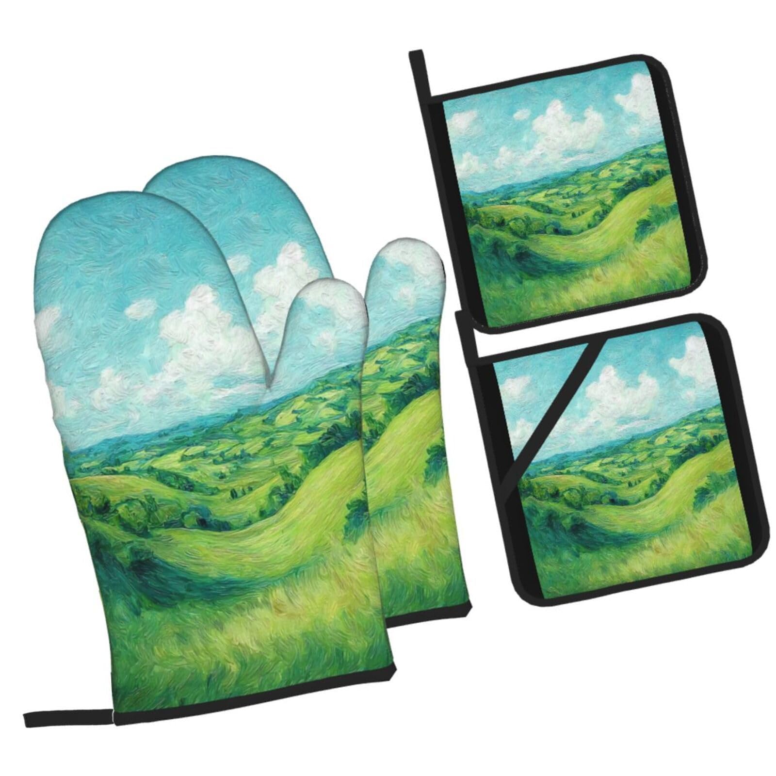 Guantes Horno Montaña Verde Manoplas Horno Almohadillas Aislantes Juego De 4 - Acolchado Resistente al Calor, Flexible,Cocina multipropósito
