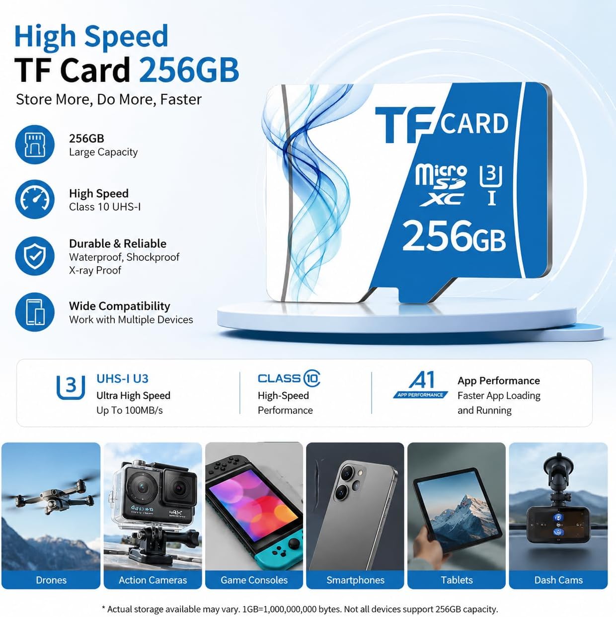256GB Memory Card, High Speed TF Card UHS-I U3 Memory Card for Dash Cam, Security Camera, Drone, Tablet, and Smartphone, Includes Adapter (Blue-1pc)