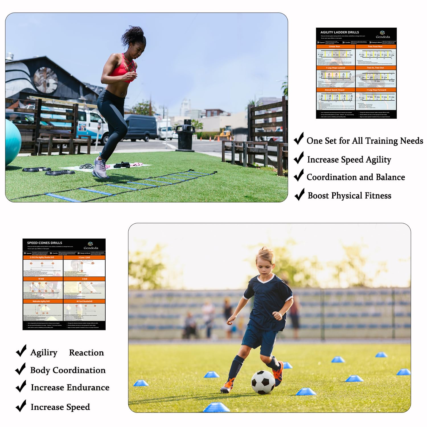 Slalomstangen Fussball Trainingsset Set — Fussball trainingszubehör mit 5 Slalom Stangen, Koordinationsleiter 6m, 10 Hütchen, Springseil — Komplettes Trainingszubehör für Kinder & Erwachsene