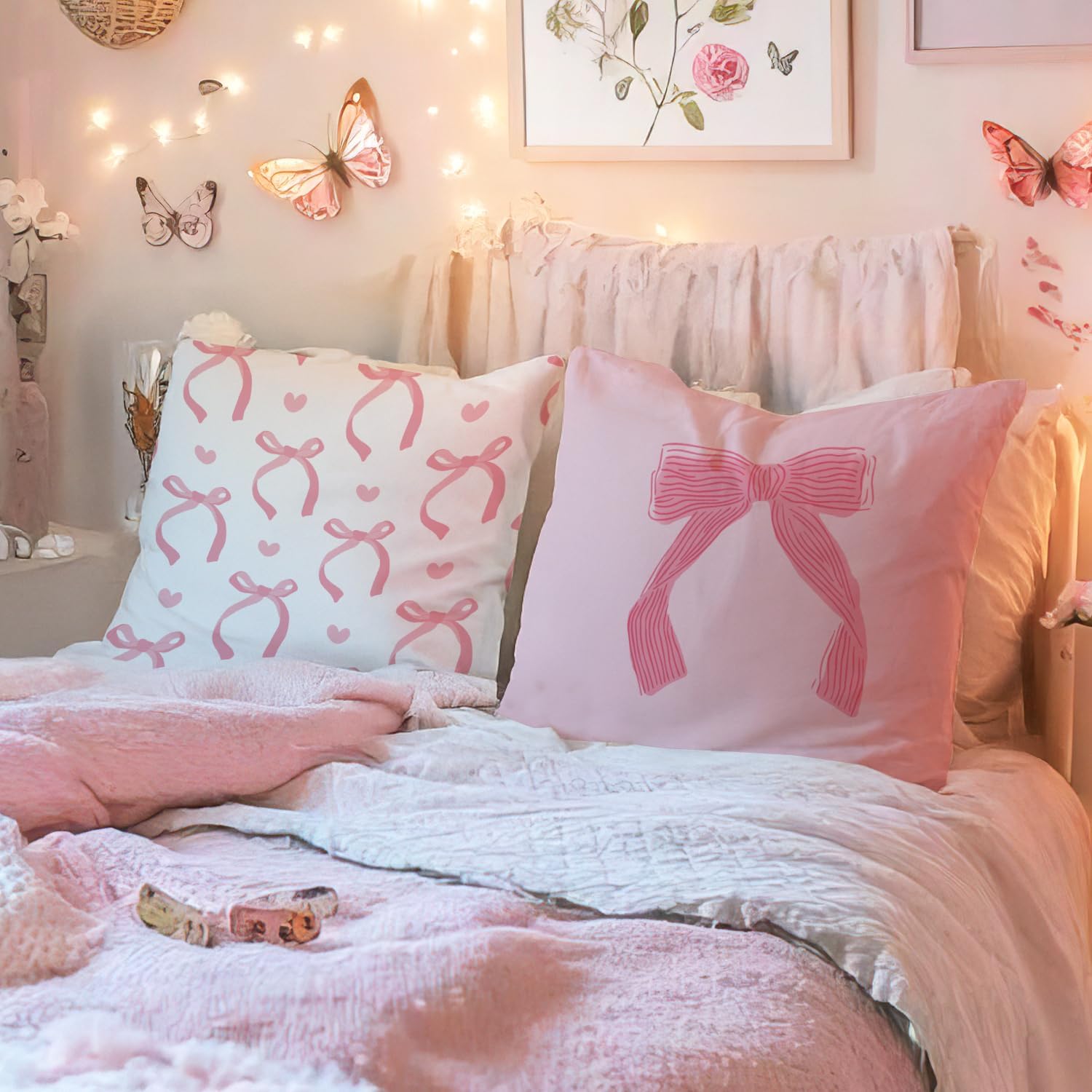 Coquette Room Decor,Pink Cute Bow Throw Pillow Covers 18x18 Set of 4,Gifts for Teen Girls Women,Pink Decorative Pillowcase for Sofa Couch Bedroom Chair Home